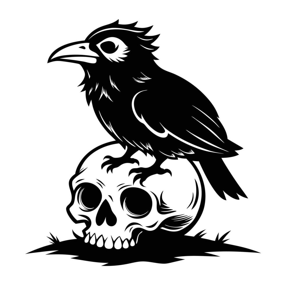 ugly silhouette Crow on skull vector