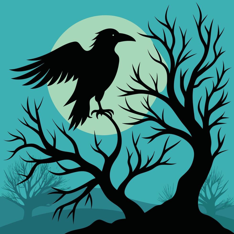 Black crow with tree with blue sky vector