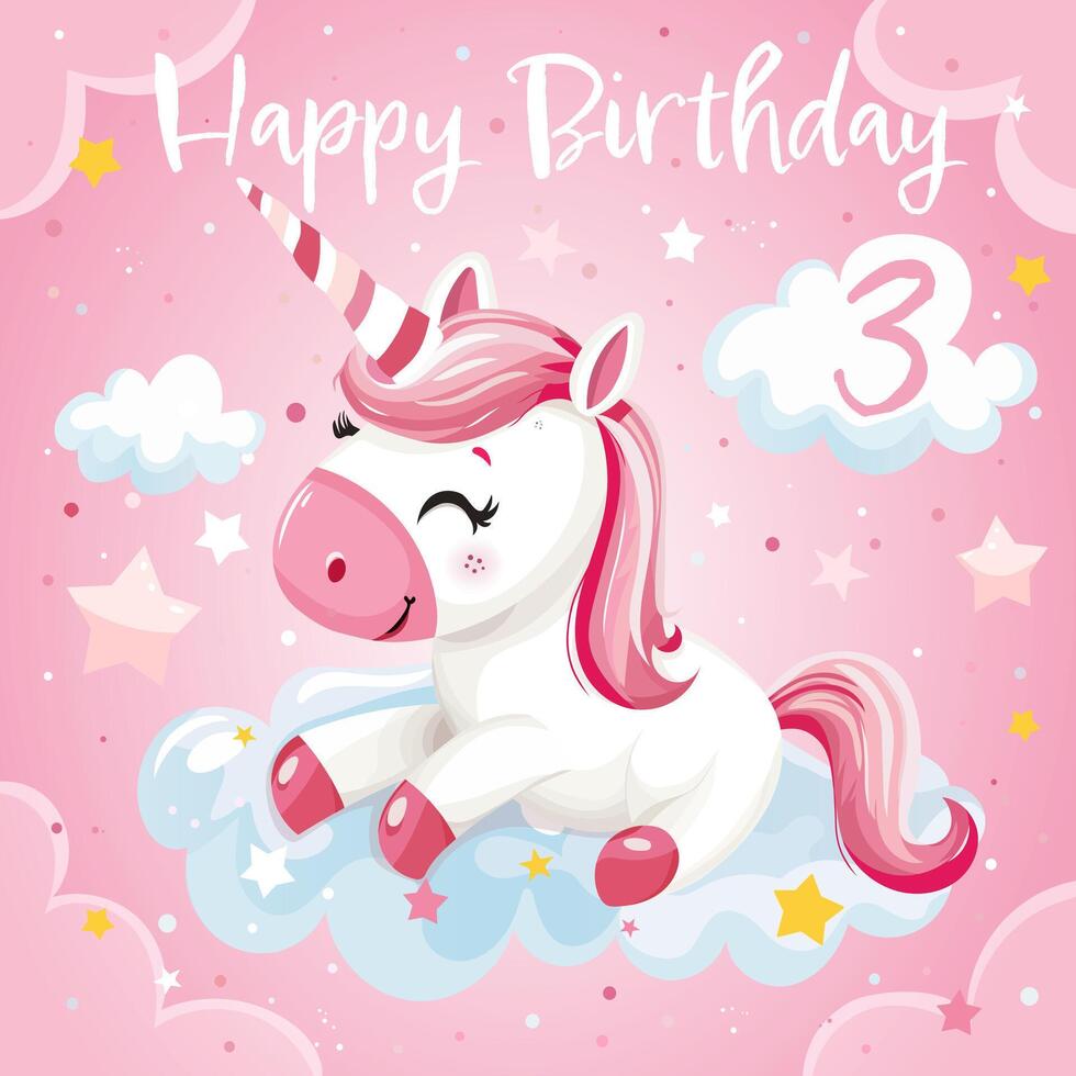 A cute unicorn is sitting on a cloud with stars in the background. The image is pink, happy birthday theme vector