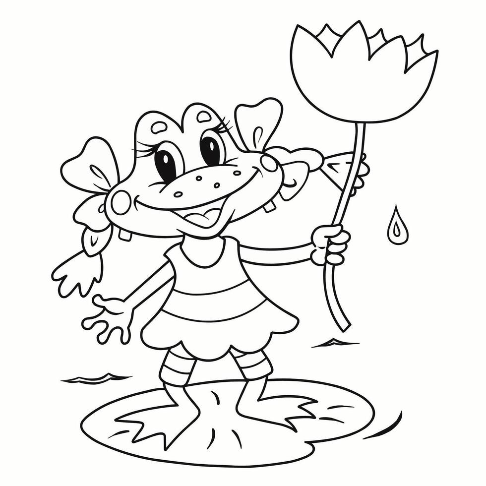 A frog with a flower. Frog for coloring book. Line art design for kids coloring page. Preview of Cartoon Frog Coloring Page. vector