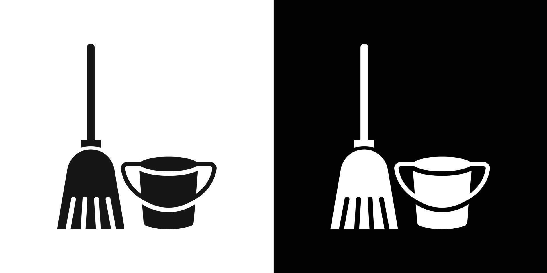 besom with stick and pail icon Flat fill set collection vector