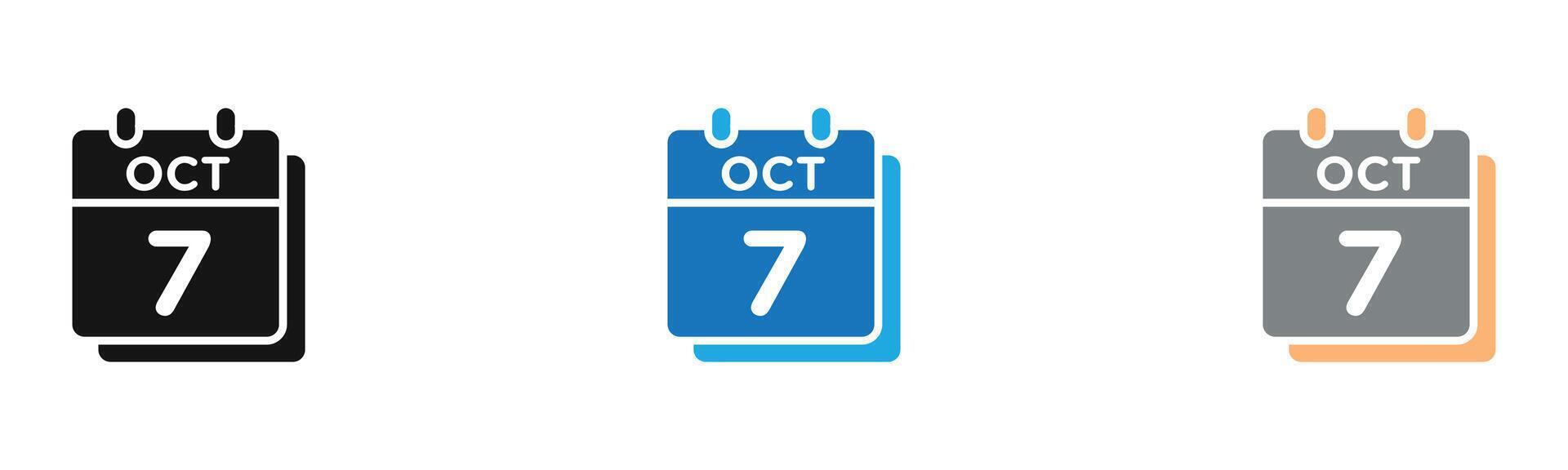 7 october date icon outline collection or set in black and white vector