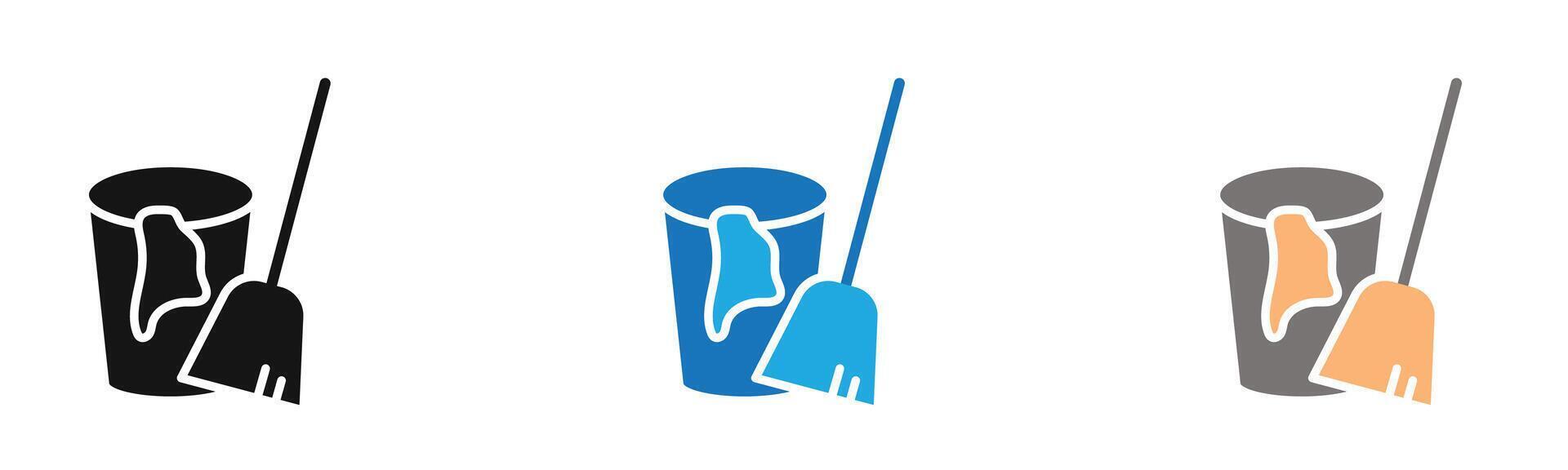 besom with stick and pail icon outline collection or set in black and white vector