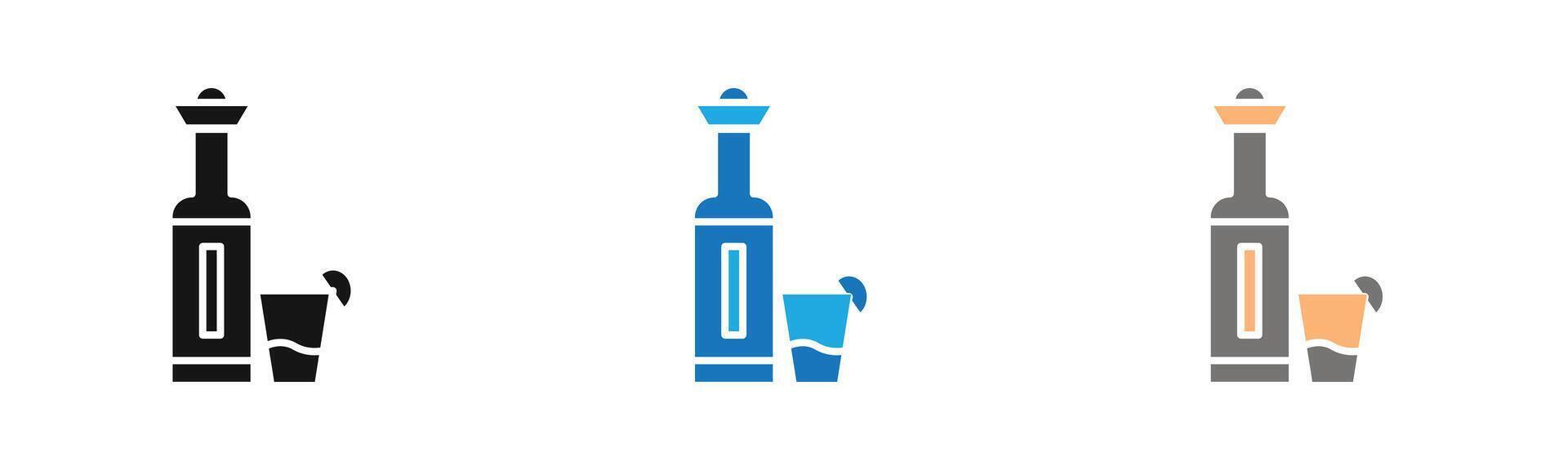 Tequila bottle and glass icon outline collection or set in black and white vector