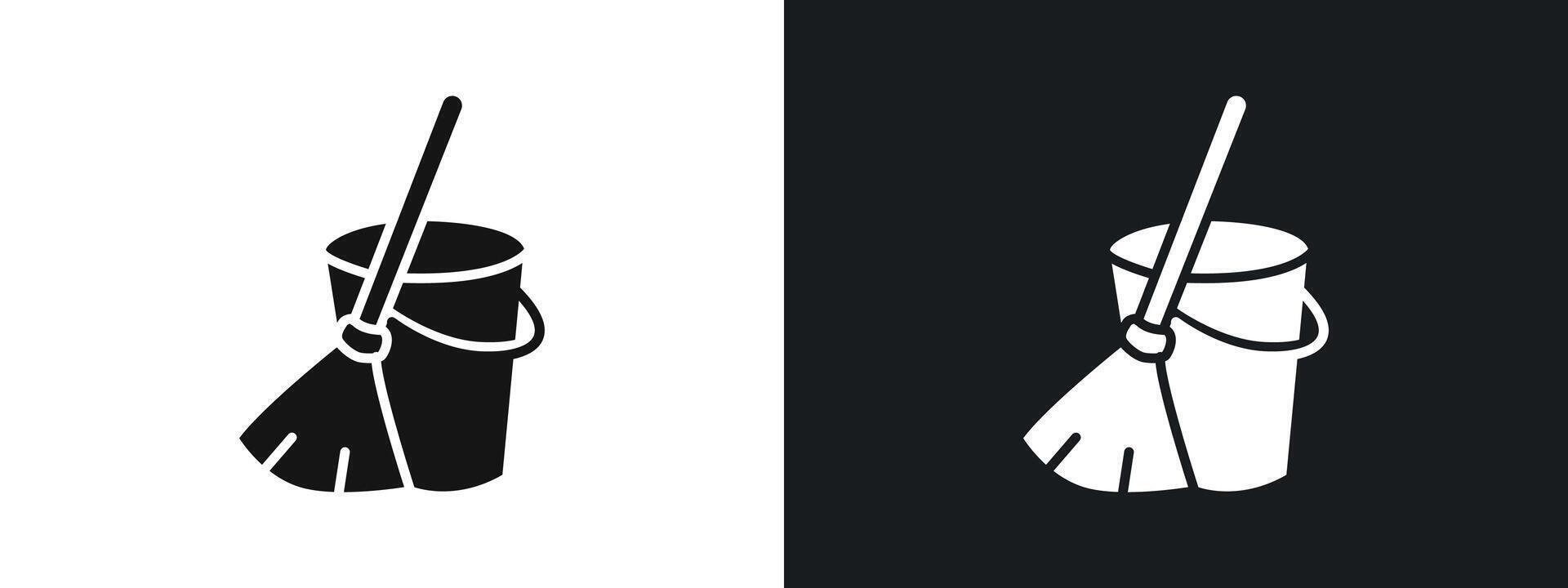 besom with stick and pail icon linear graphics set in black vector