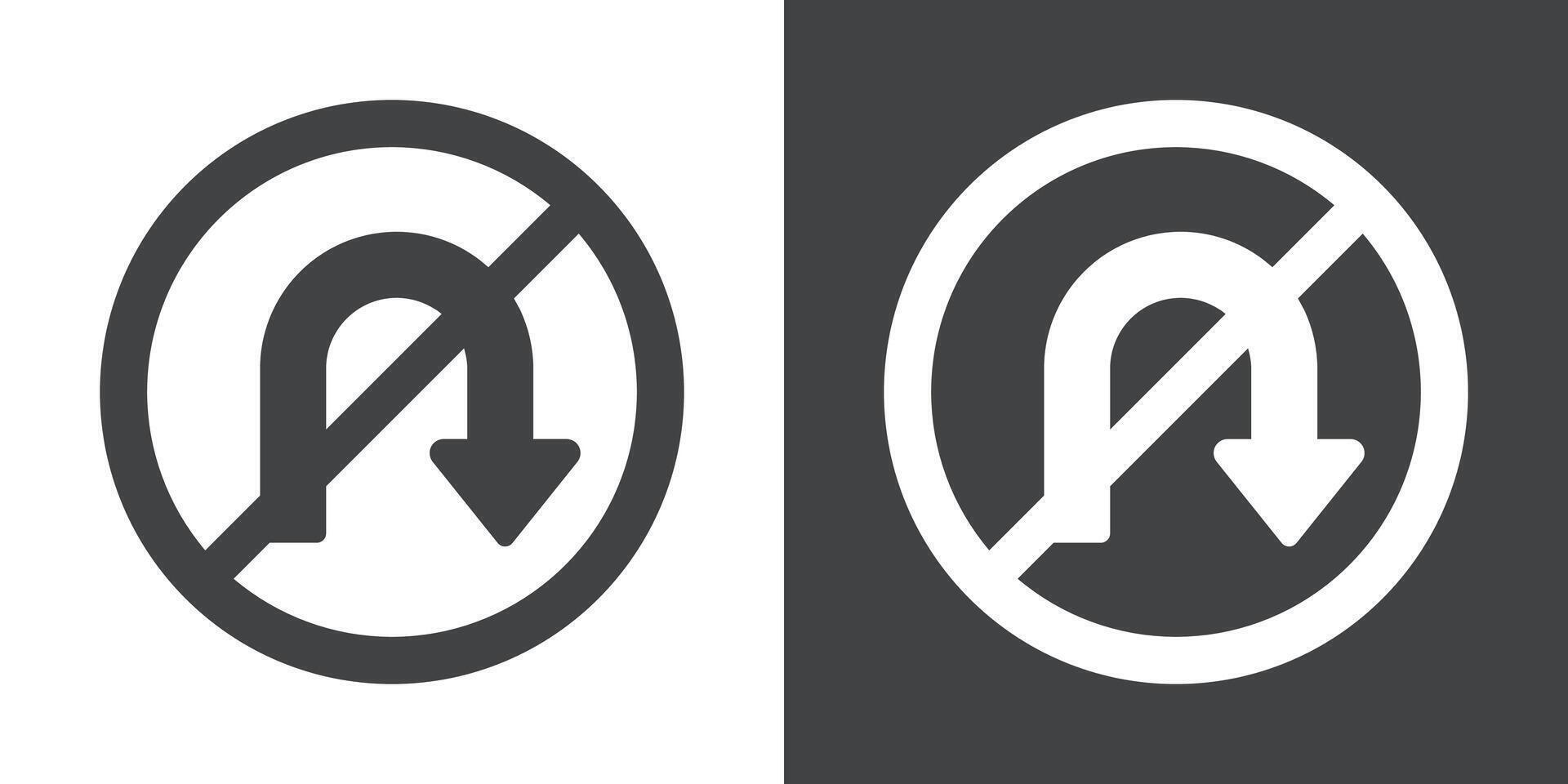 No U turn sign icon Flat set in black and white color vector