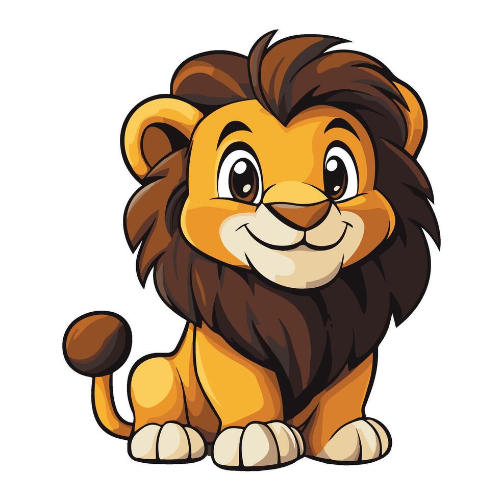 cartoon illustration Smiling lion cub sitting on white background, vector