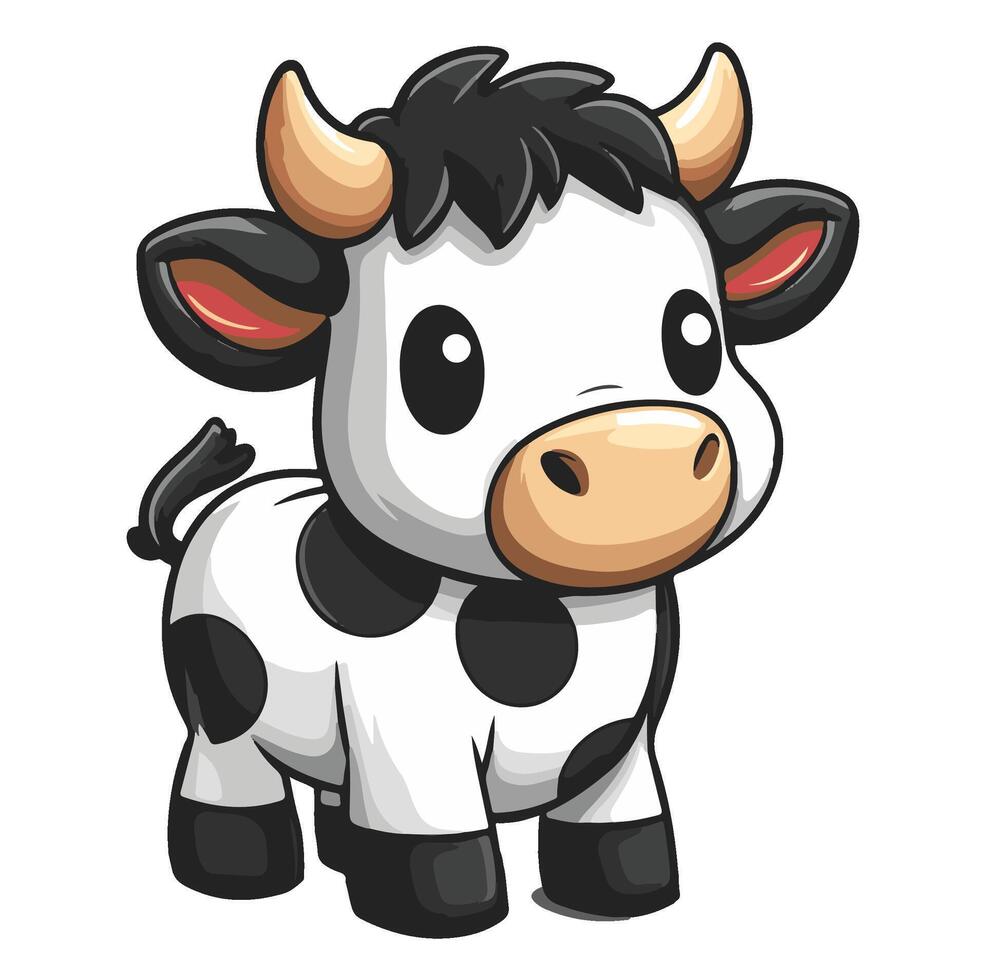 Black and white cow with large eyes, horns, and spots, cartoon mascot vector