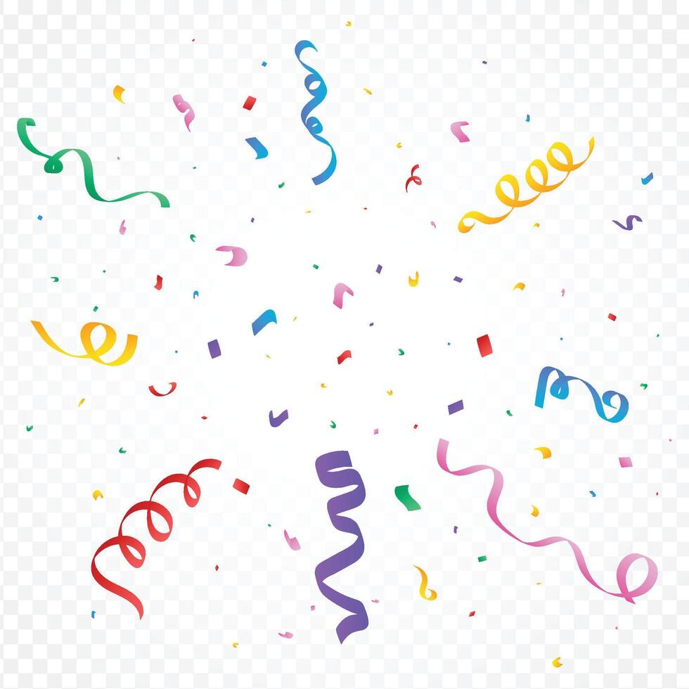 Colorful confetti blast design. Multicolor confetti and ribbon explosion design for birthday party or anniversary. Tinsel and foil paper burst backdrop for festival. vector