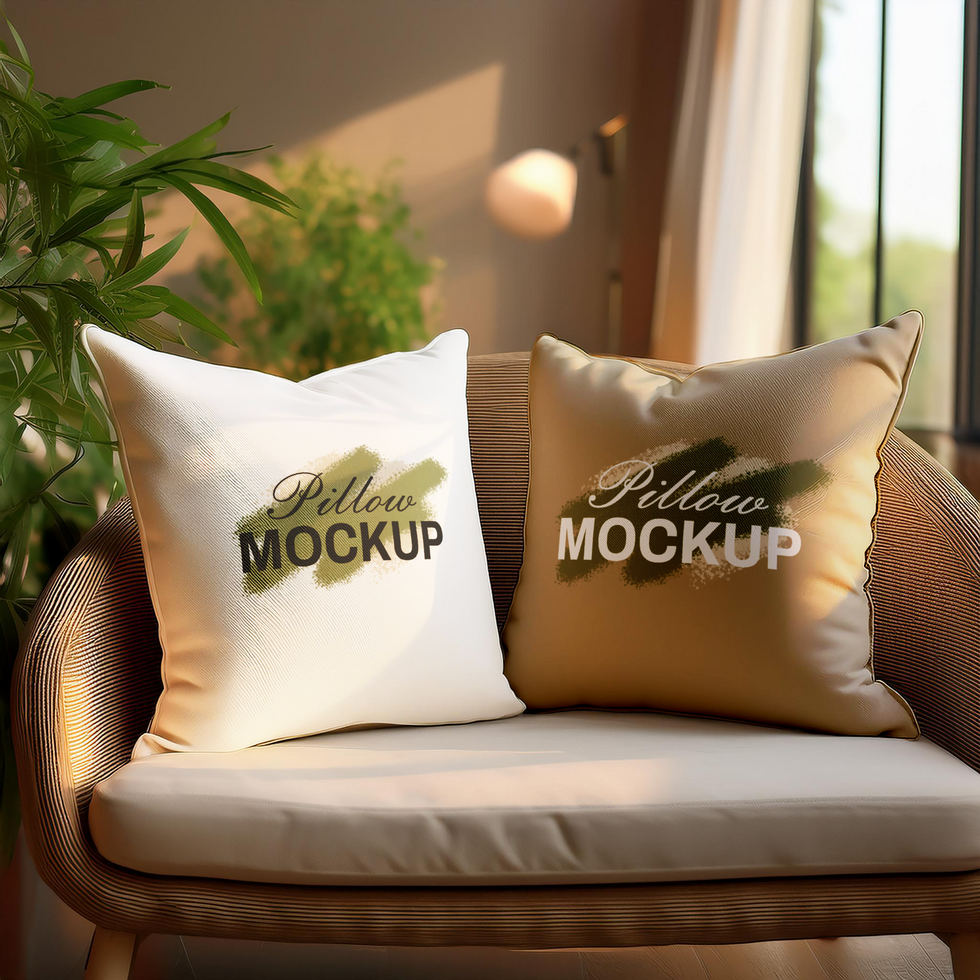Two Pillow mockup in sofa with aesthetic cozy and tree leaves background psd