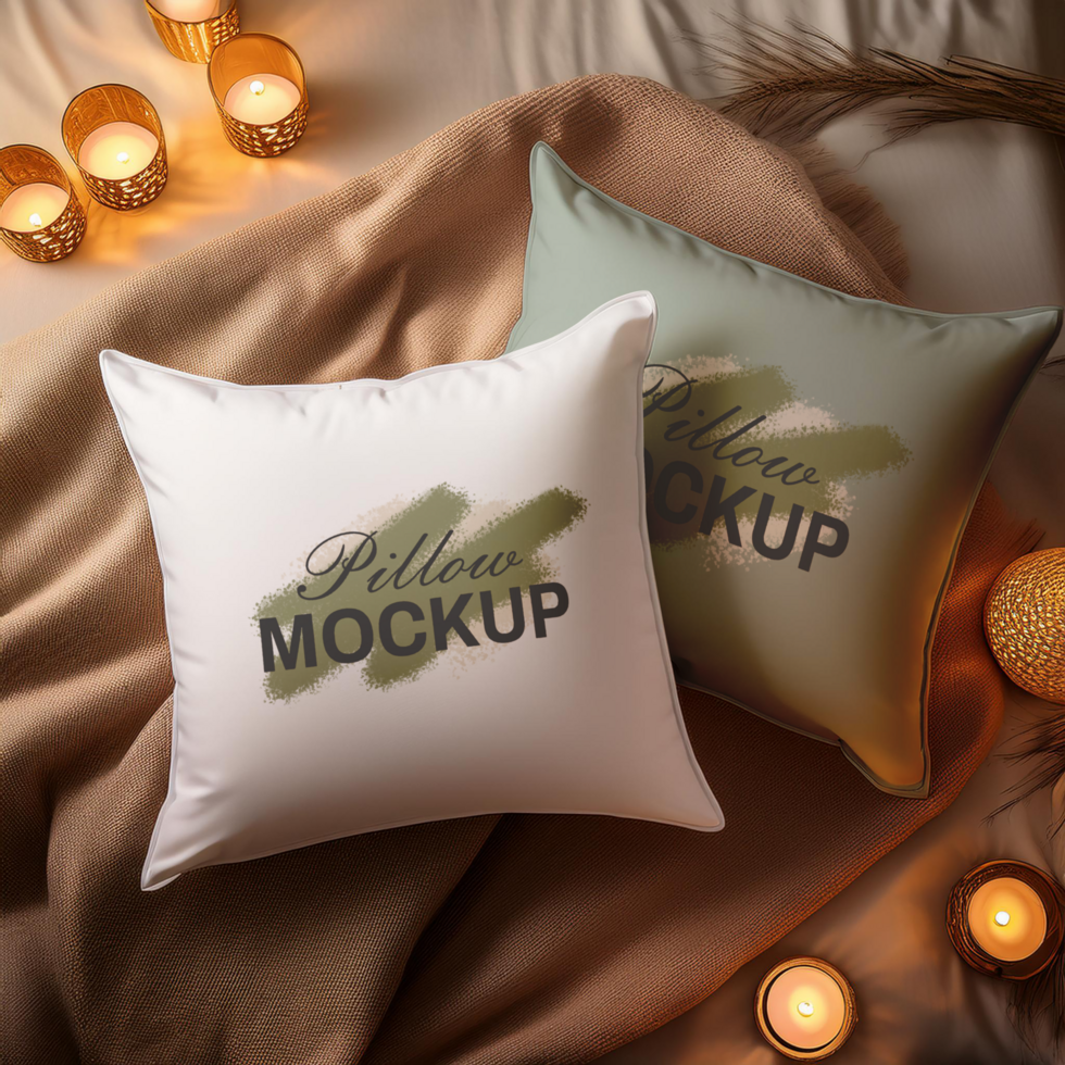 Two Pillow mockup with aesthetic fabric and candles background psd