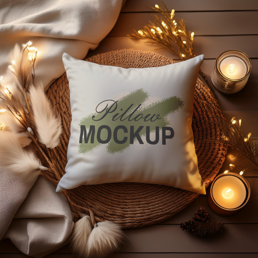 Pillow mockup with fabric and candles background psd