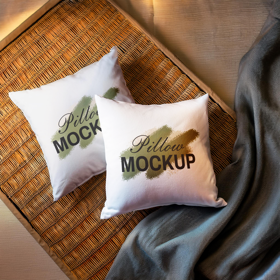 Two Pillow mockup with wood and fabric background psd