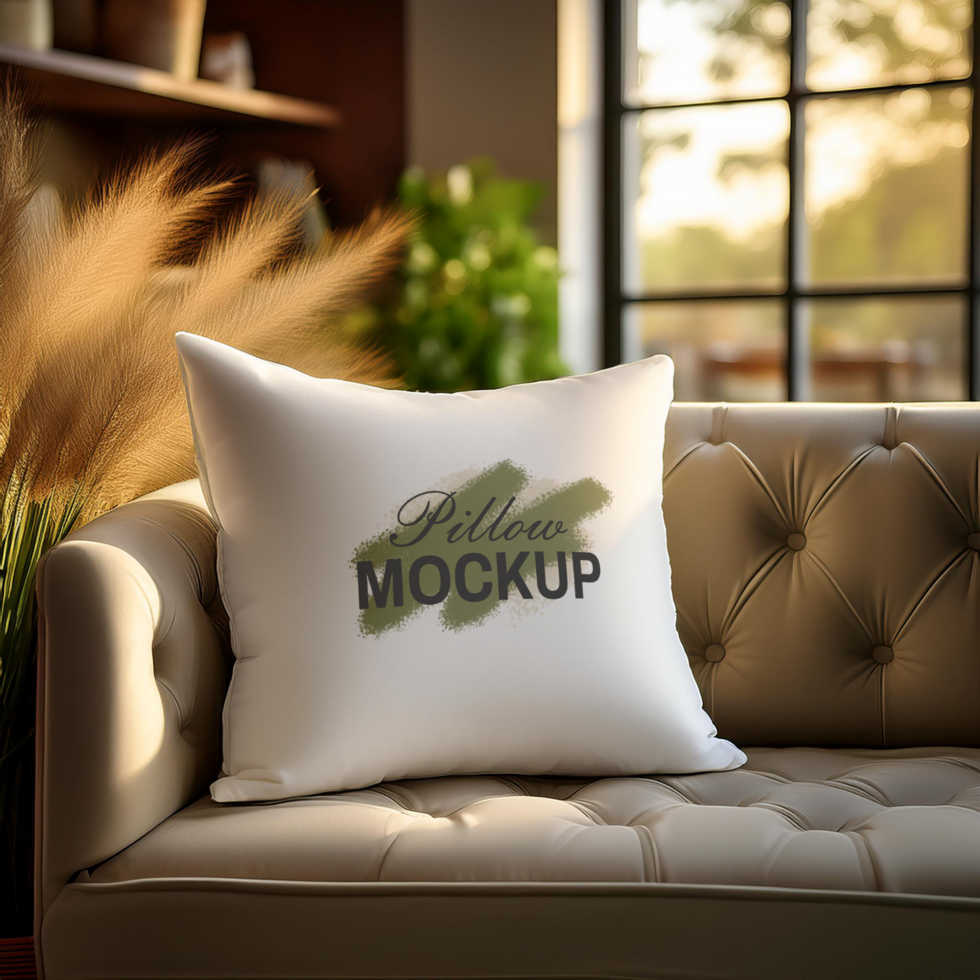Pillow mockup in grey sofa with aesthetic cozy background psd