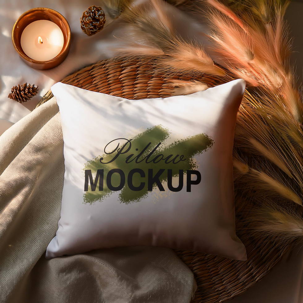 Pillow mockup with aesthetic fabric candle and pine background psd