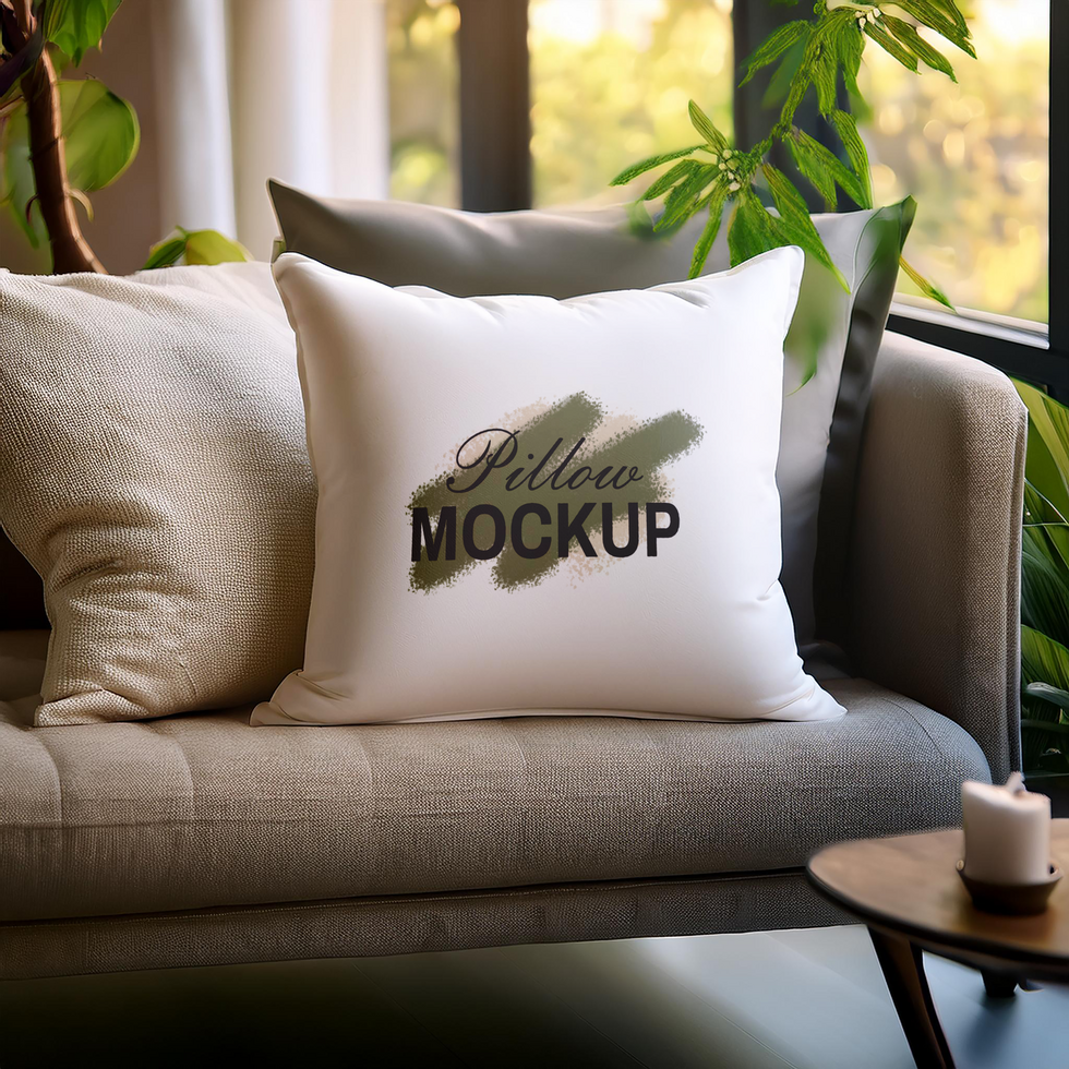 Pillow mockup in sofa with aesthetic cozy and tree leaves background psd