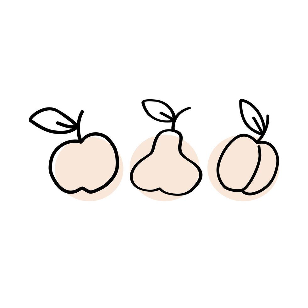 A trio of hand-drawn fruit illustrations featuring an apple, pear, and peach with minimalist design against a simple background vector