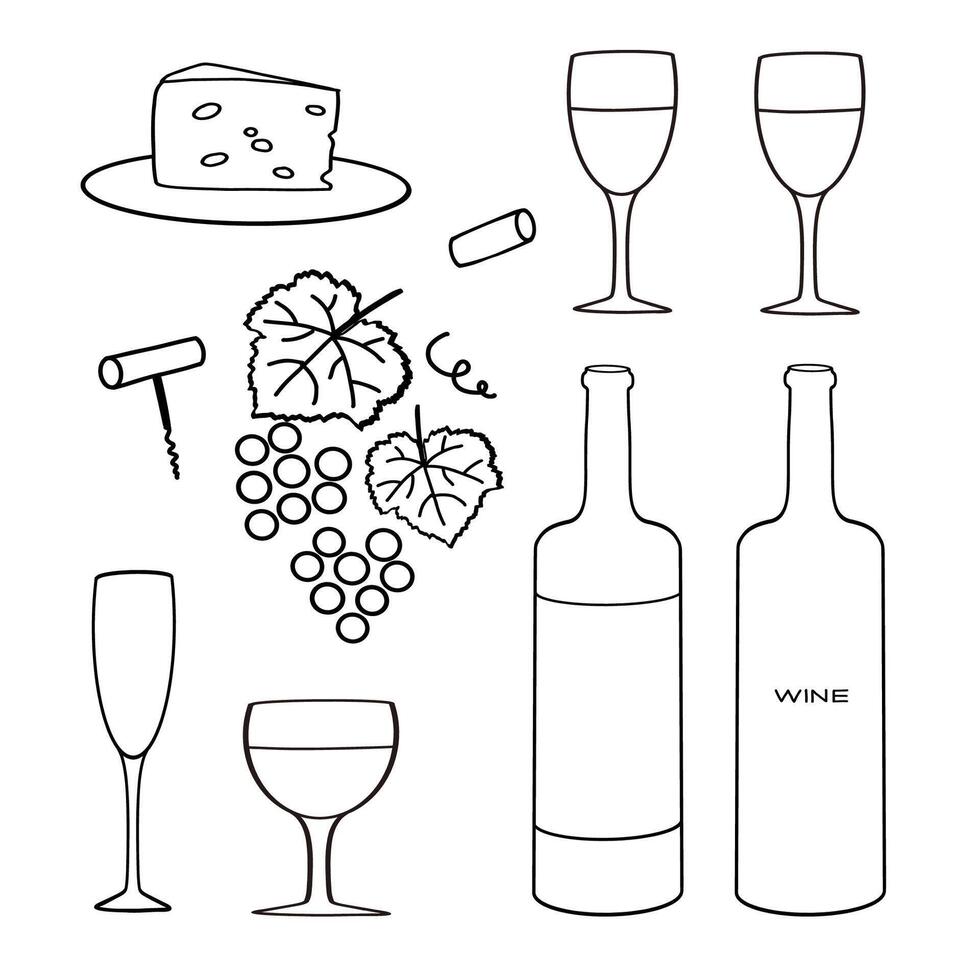 A collection of wine-related elements featuring glasses, bottles, corks, and cheese on a light background vector