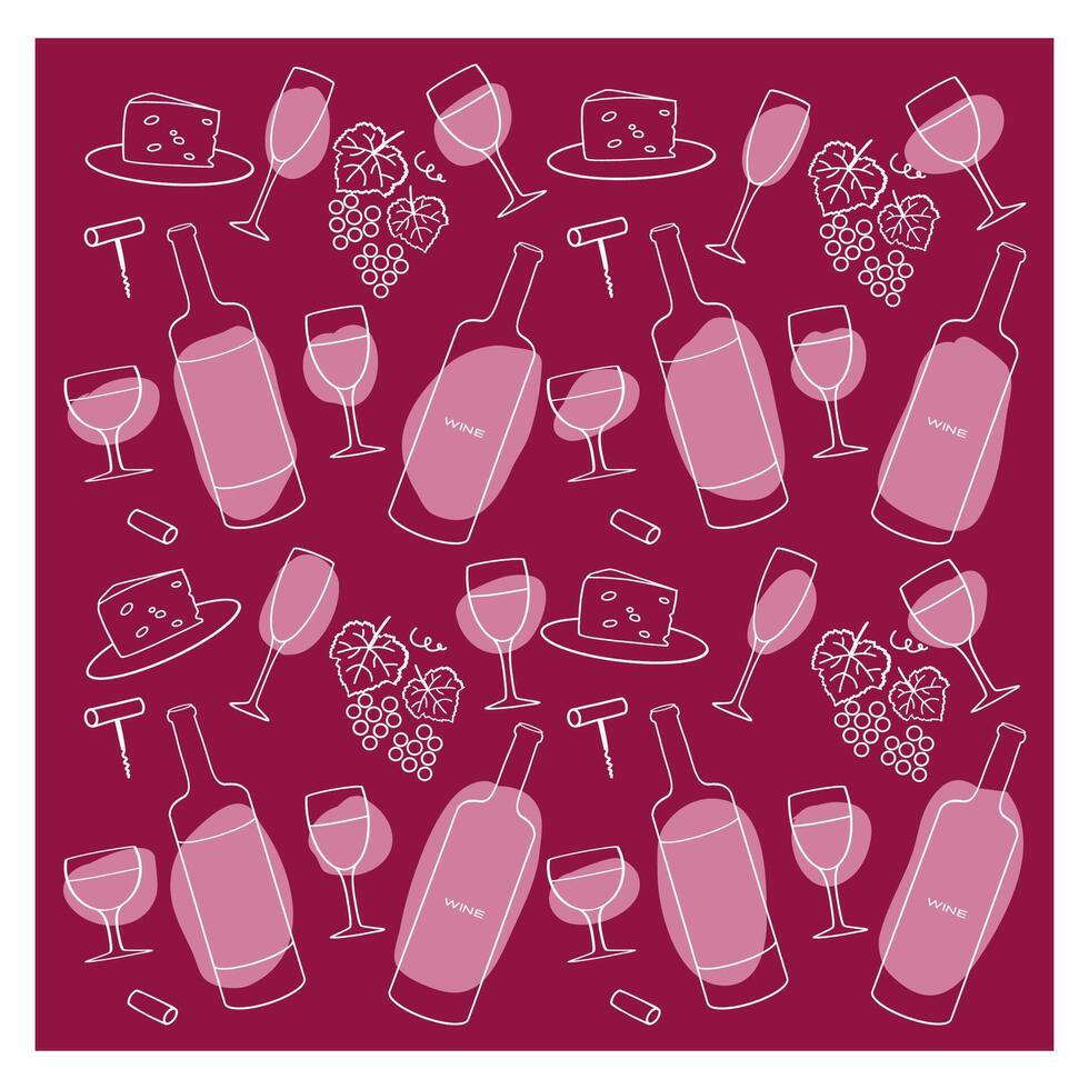 A vibrant backdrop featuring wine bottles, glasses, cheese, and grapes for a festive gathering or event vector