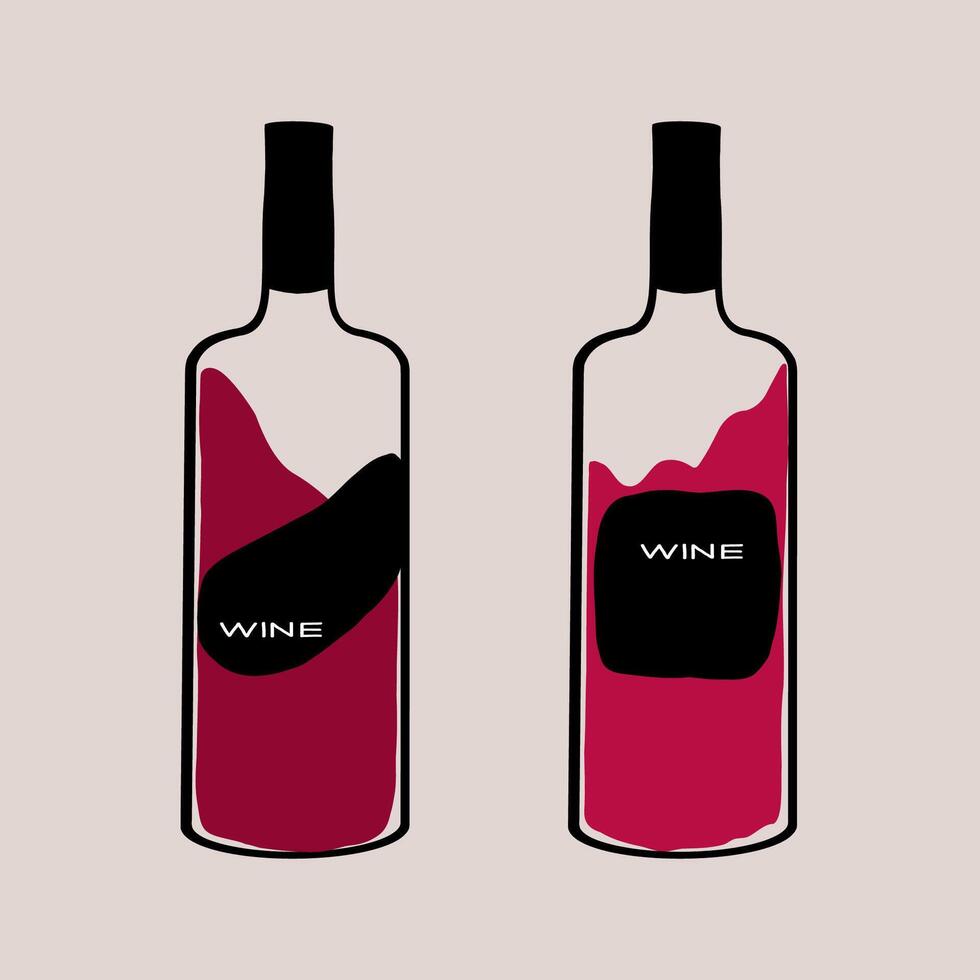 Two wine bottles with distinct designs showcasing deep red liquid against a neutral background vector