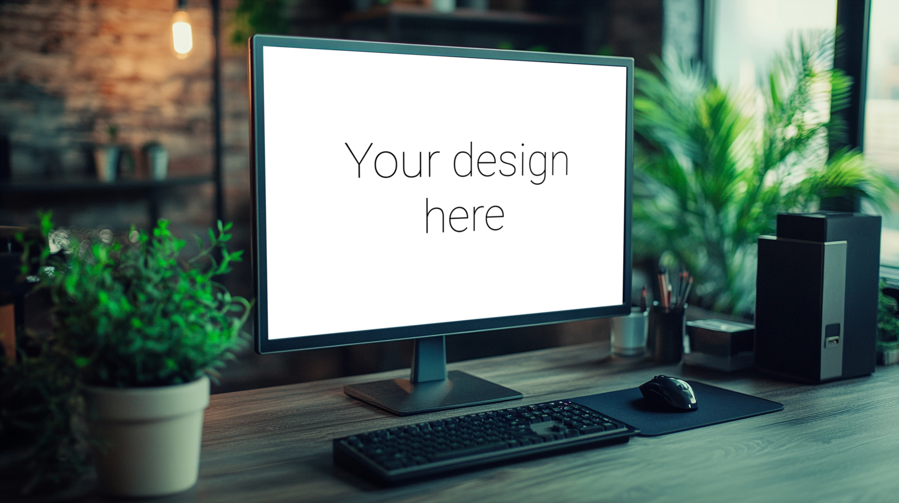 Mockup of Digital Screen with Keyboard and Mouse on Table psd