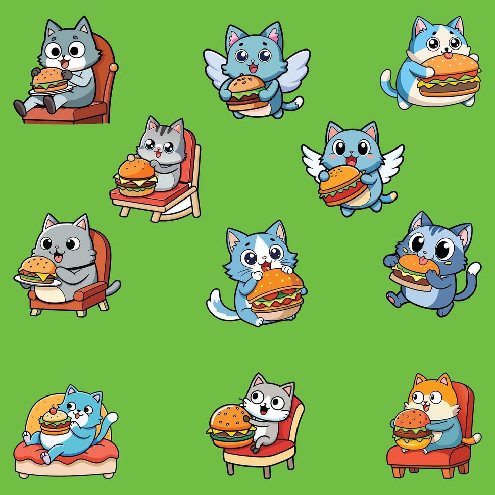 Cute and adorable cat eating burger with various character vector