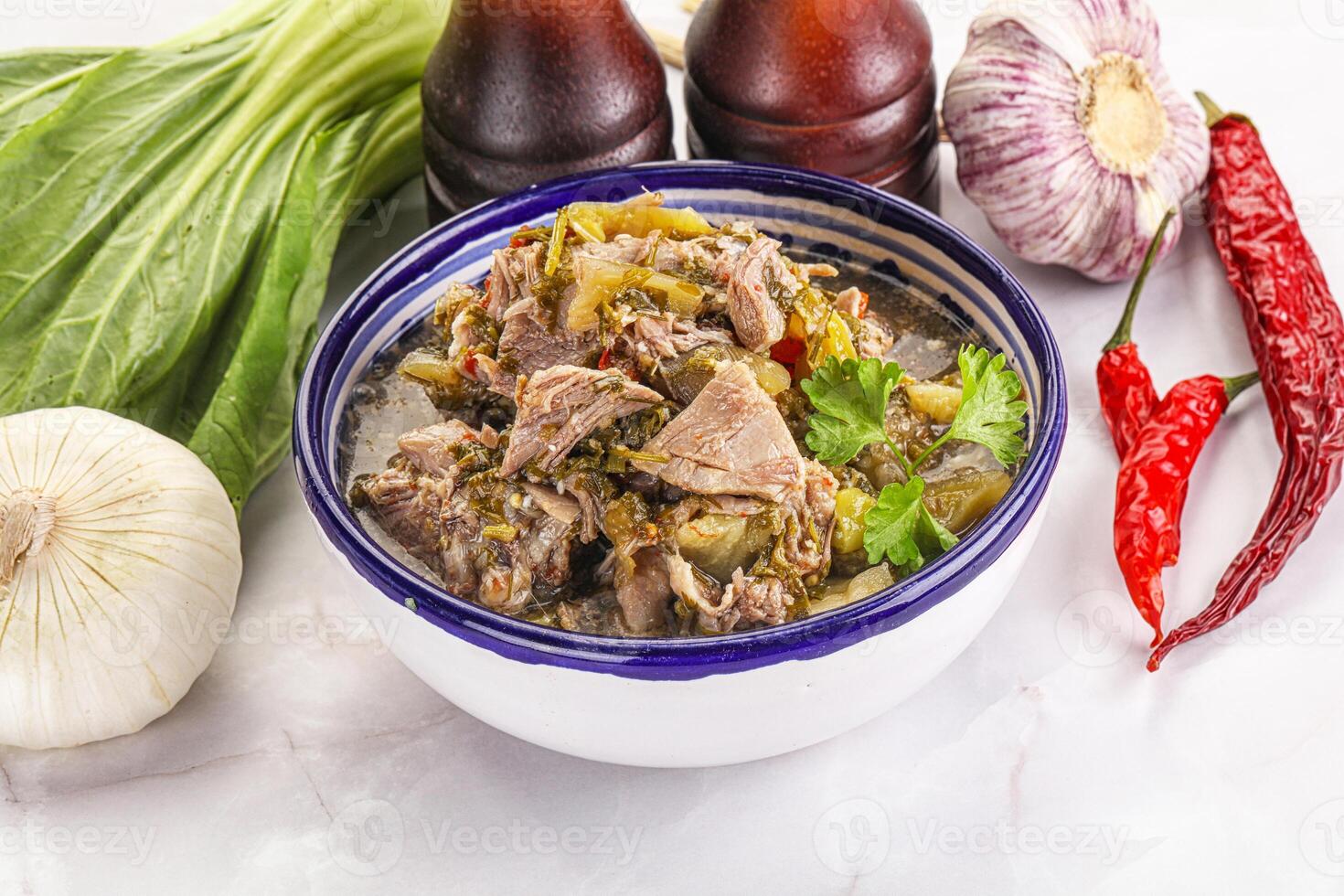Steamed lamb meat with vegetables photo