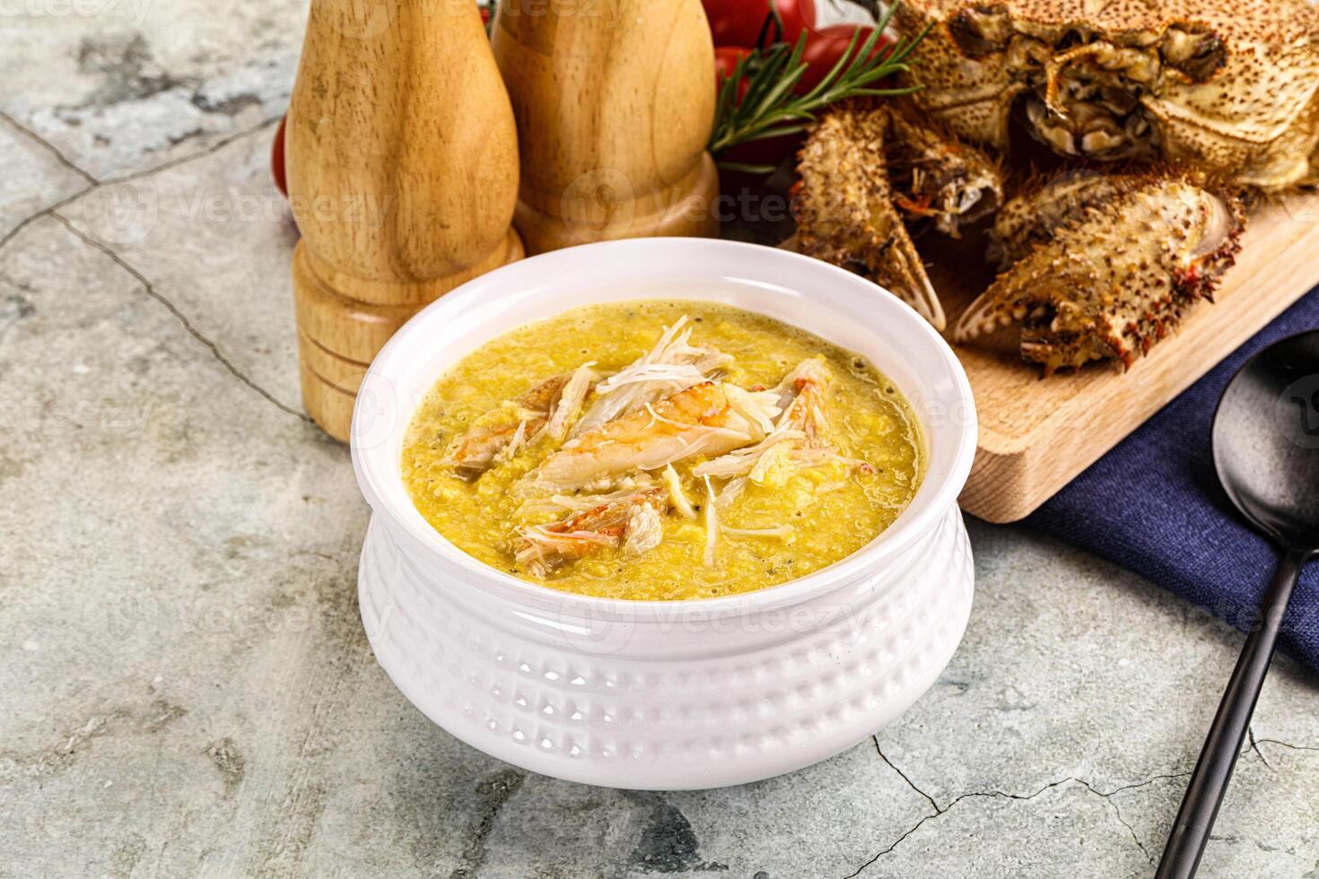 Corn cream soup with crab photo