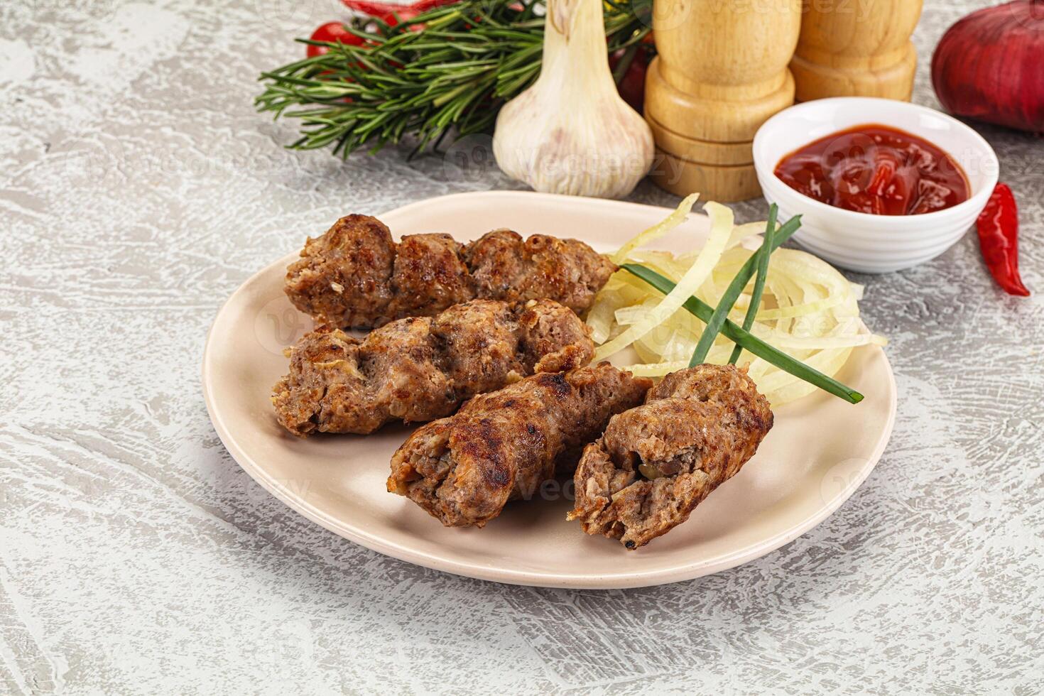 Beef kebab minced meat with onion photo