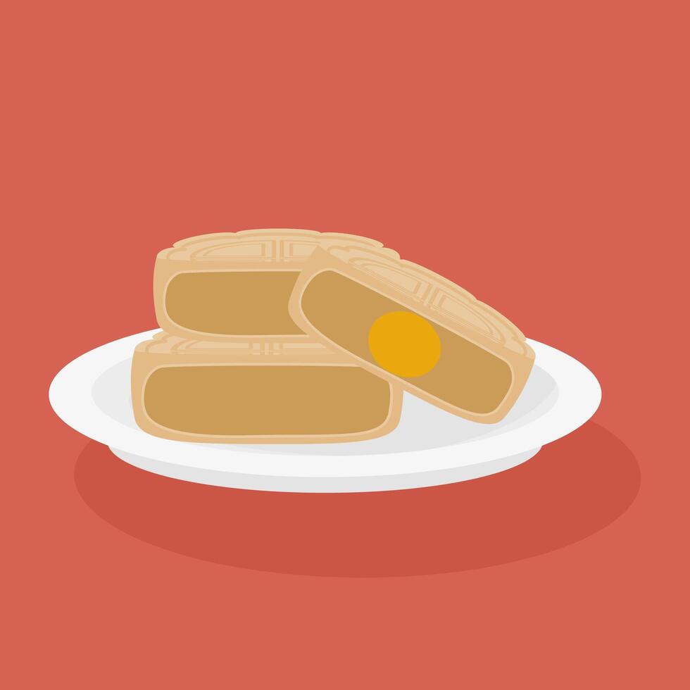 Moon cakes on white plate illustration. Flat design. vector