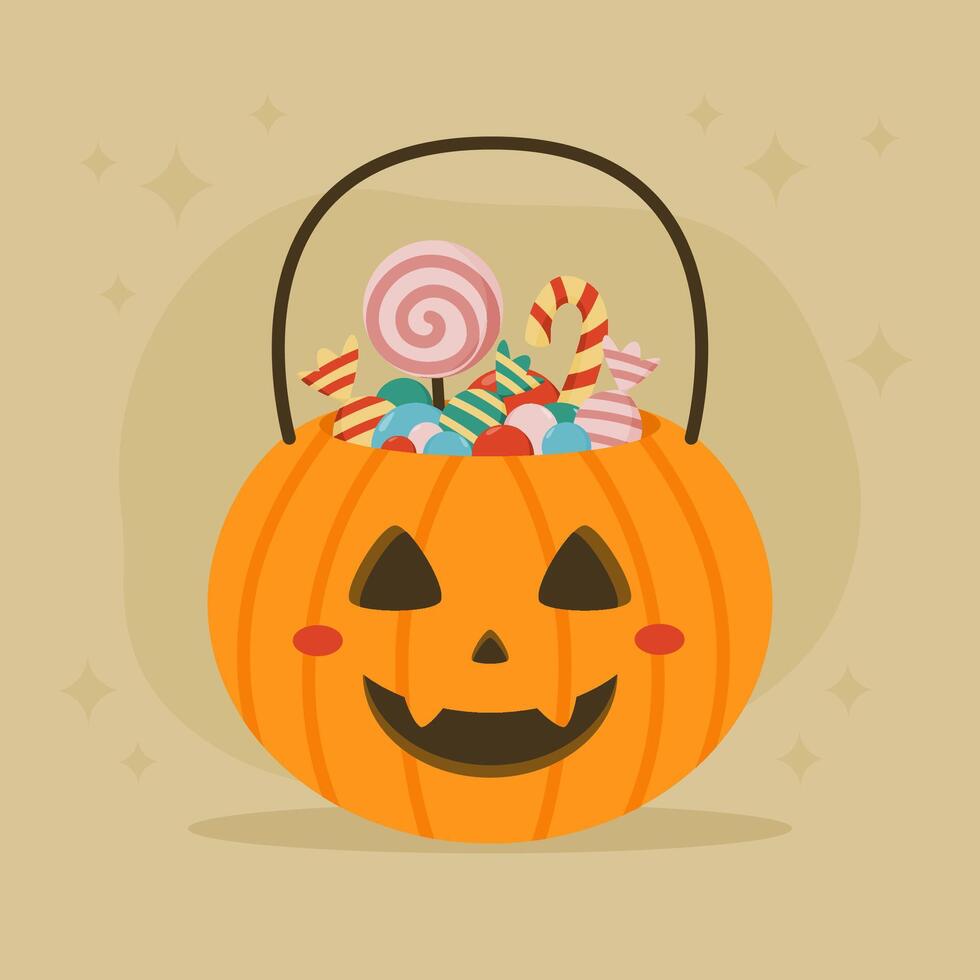 Halloween pumpkin bucket with candy. Flat design. vector