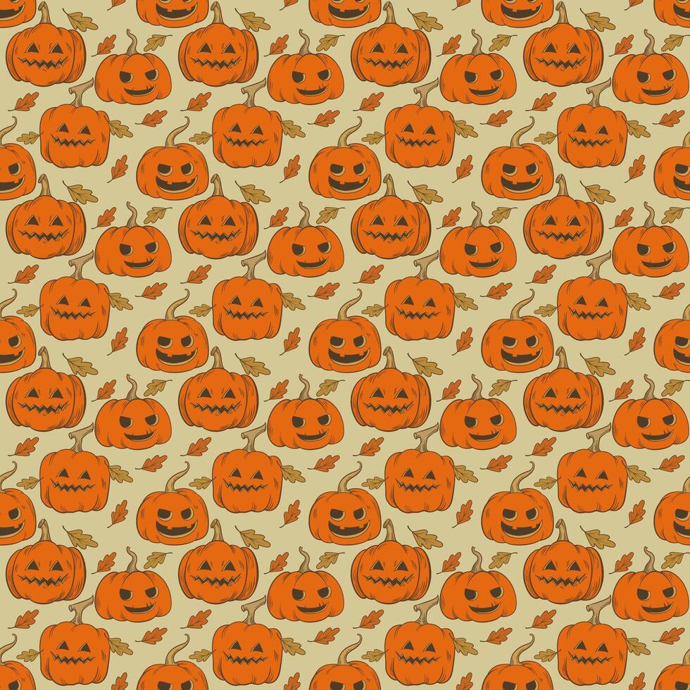 Seamless pattern with Halloween pumpkins and dry leaves on beige background. vector