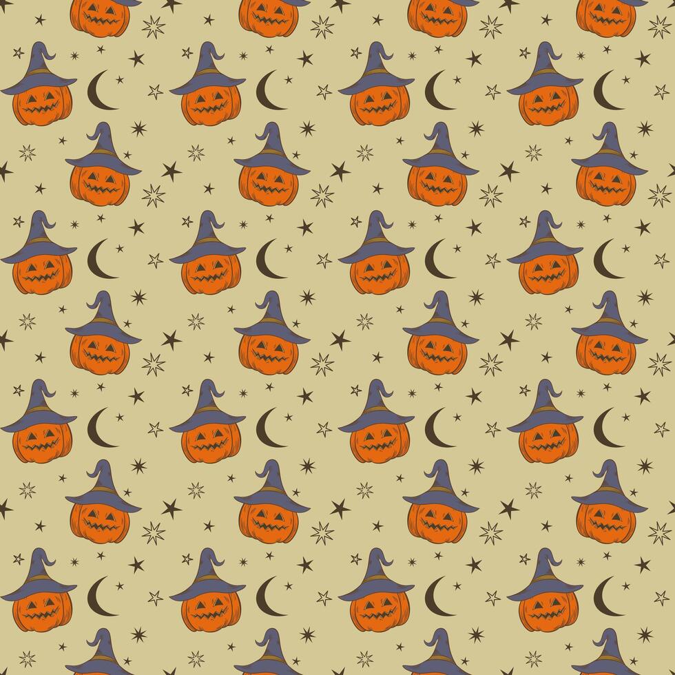 Seamless pattern with Halloween pumpkin wear a wizard hat and star element on beige background. vector