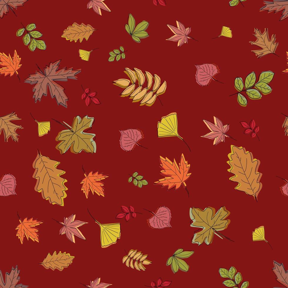 Seamless autumn pattern with leaves on red background. vector