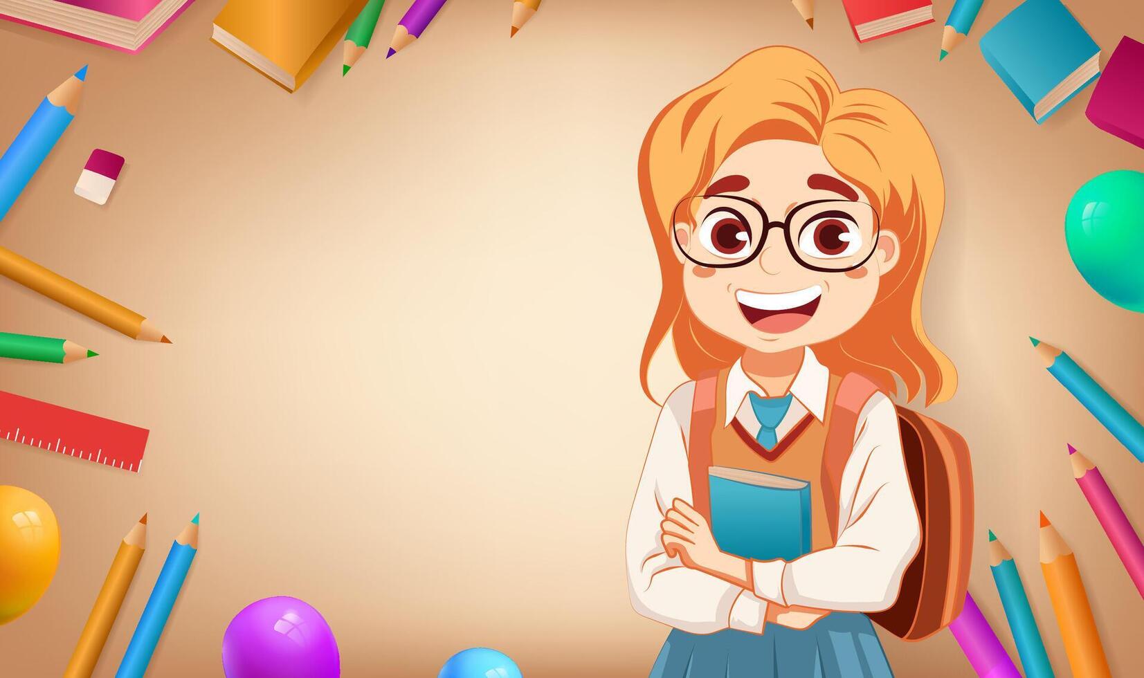 Girl carrying schoolbag background is a lot of stationery horizontal version hand-drawn illustration vector