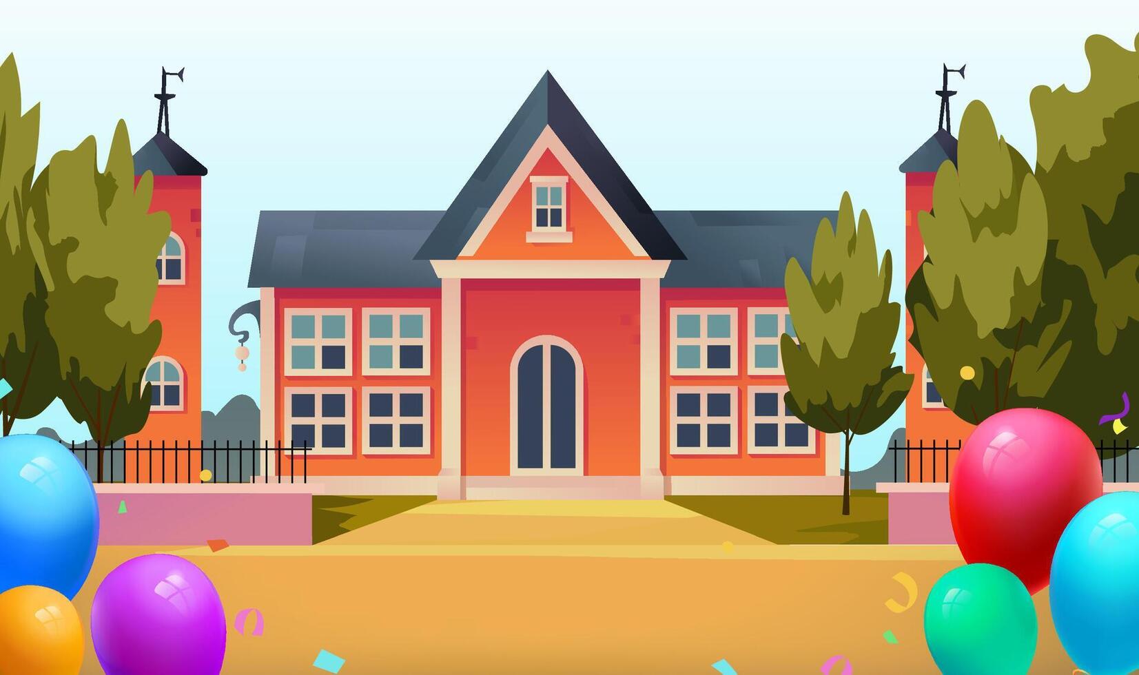 Back to school season floating in the school gate many welcome balloons horizontal edition illustration vector