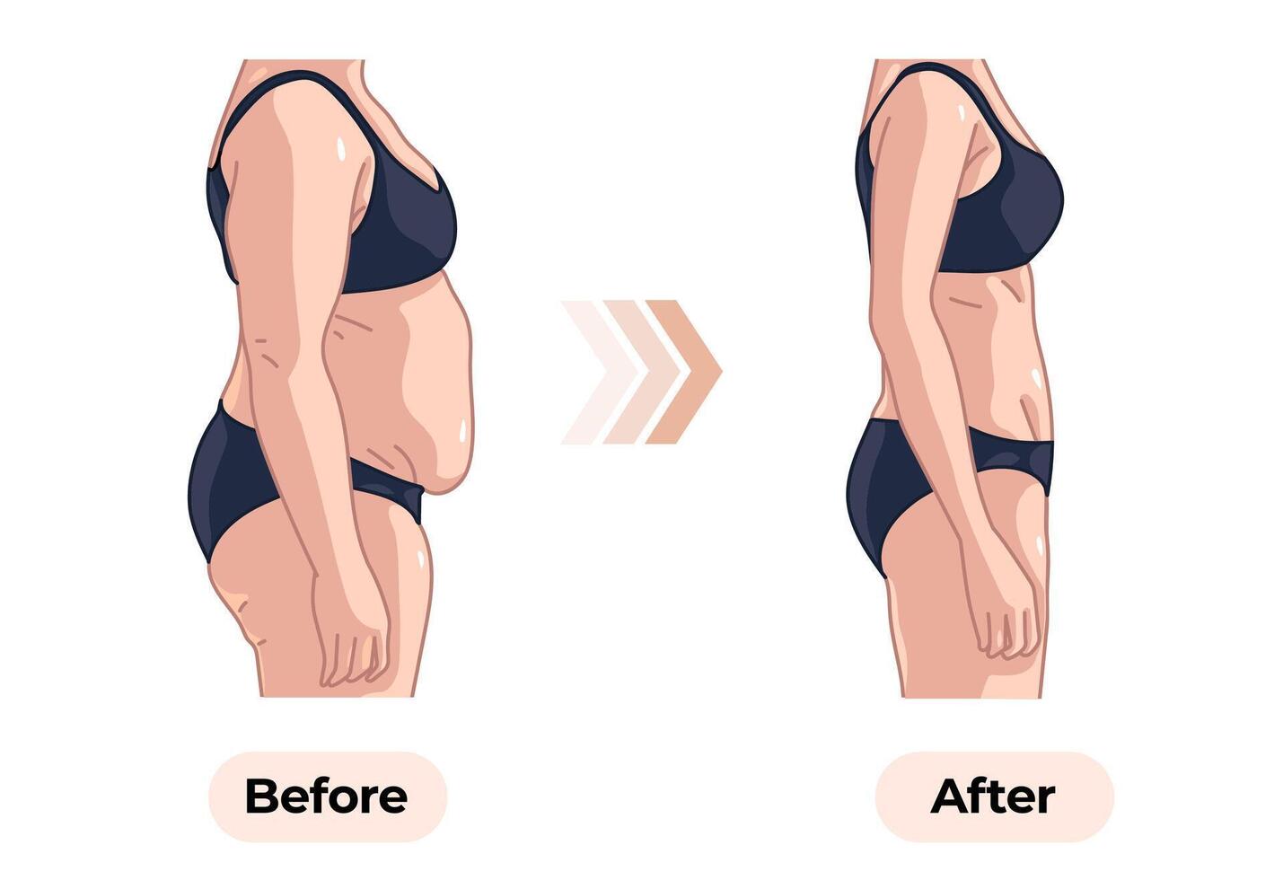 Before and after comparison of female fitness body side vector