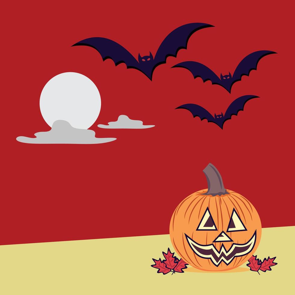 pumpkin with a face happy Halloween cartoon background design illustration Halloween design with moon and red background vector