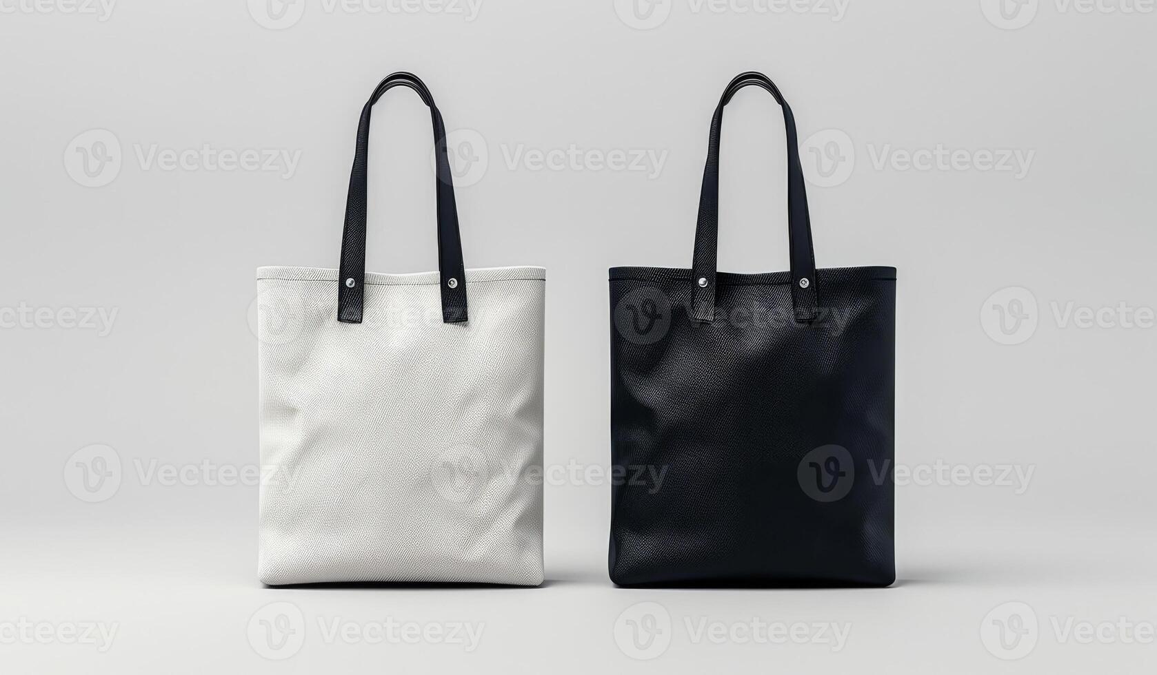 Two black and white bags with a white handle. The bags are identical in size and shape. The bags are made of leather and have a sleek, modern design photo