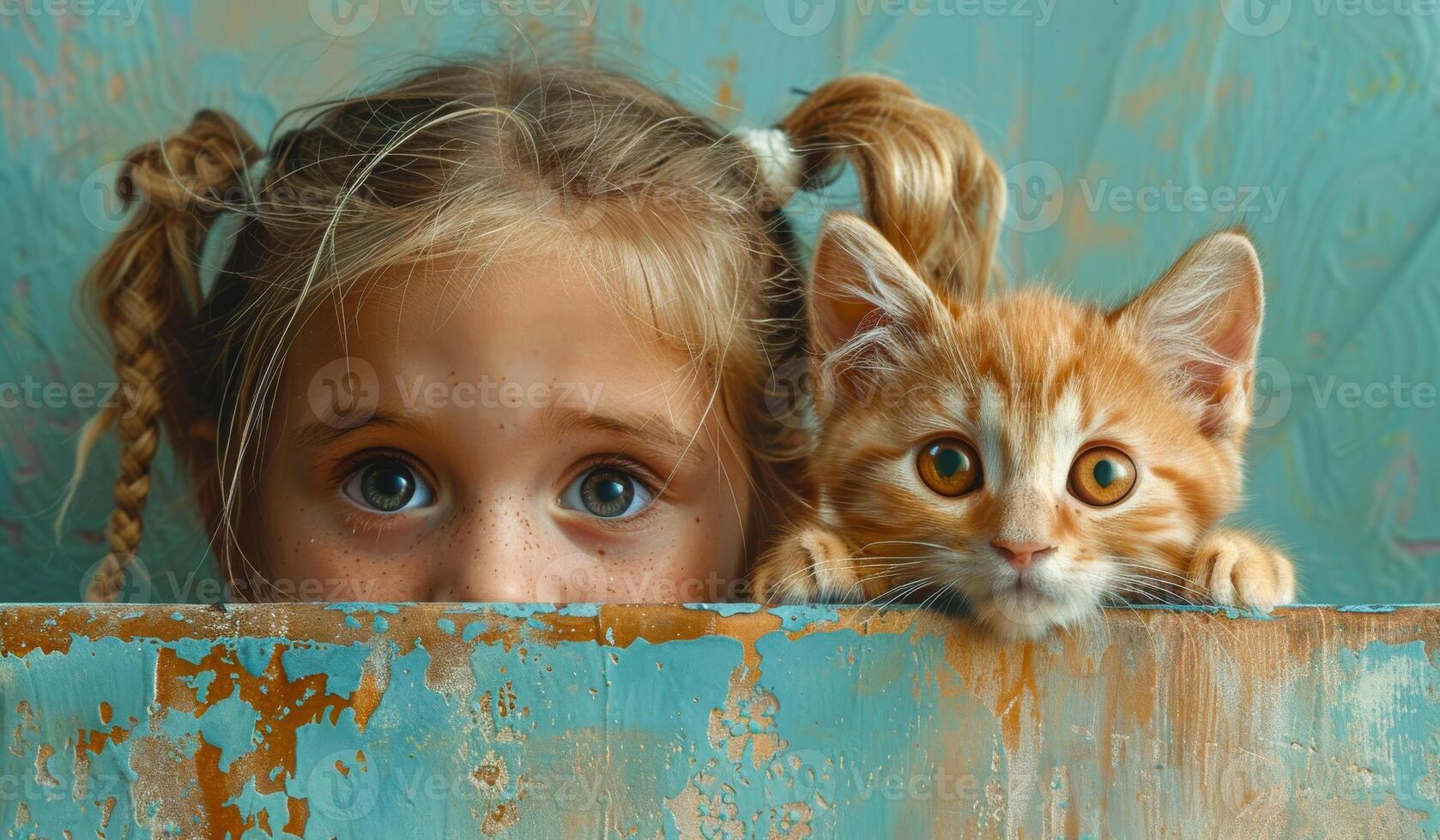 A young girl is looking at a cat behind her. The cat is orange and has yellow eyes photo