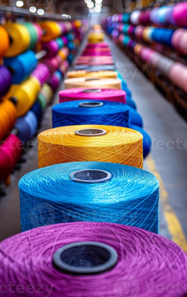 A row of colorful yarns are displayed in a store. The colors are bright and vibrant, creating a cheerful and lively atmosphere. The display is organized and visually appealing photo