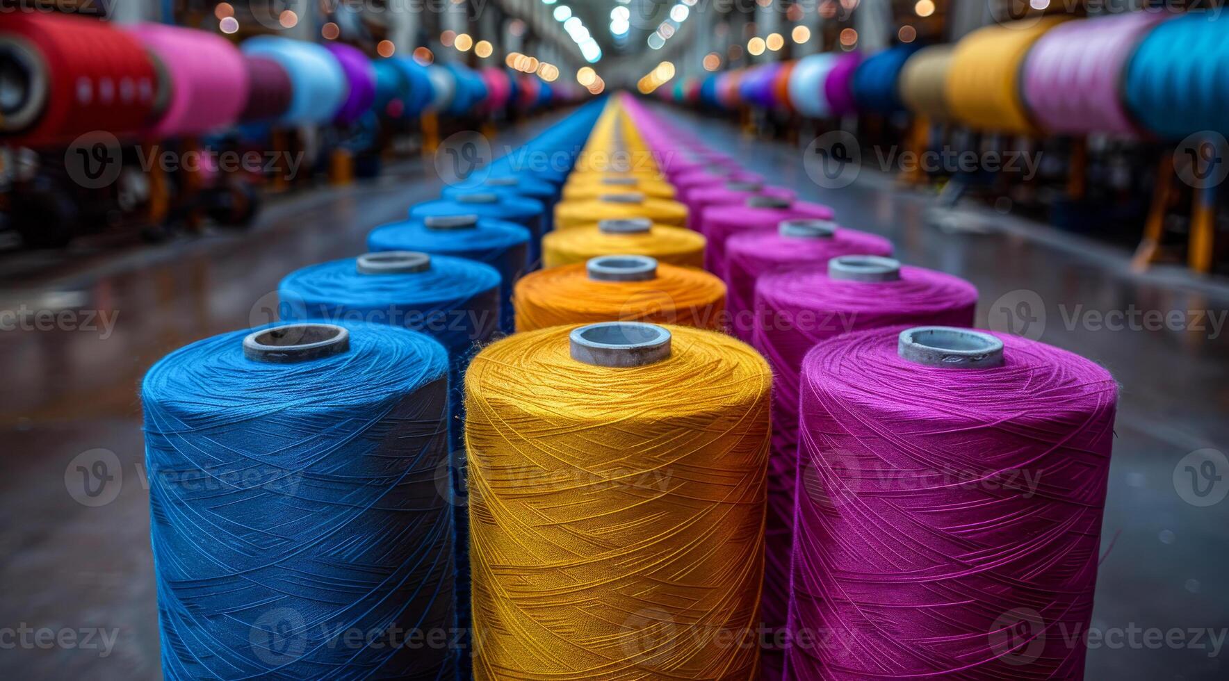 A row of colorful yarns are displayed in a factory. The colors are bright and vibrant, creating a cheerful and lively atmosphere photo