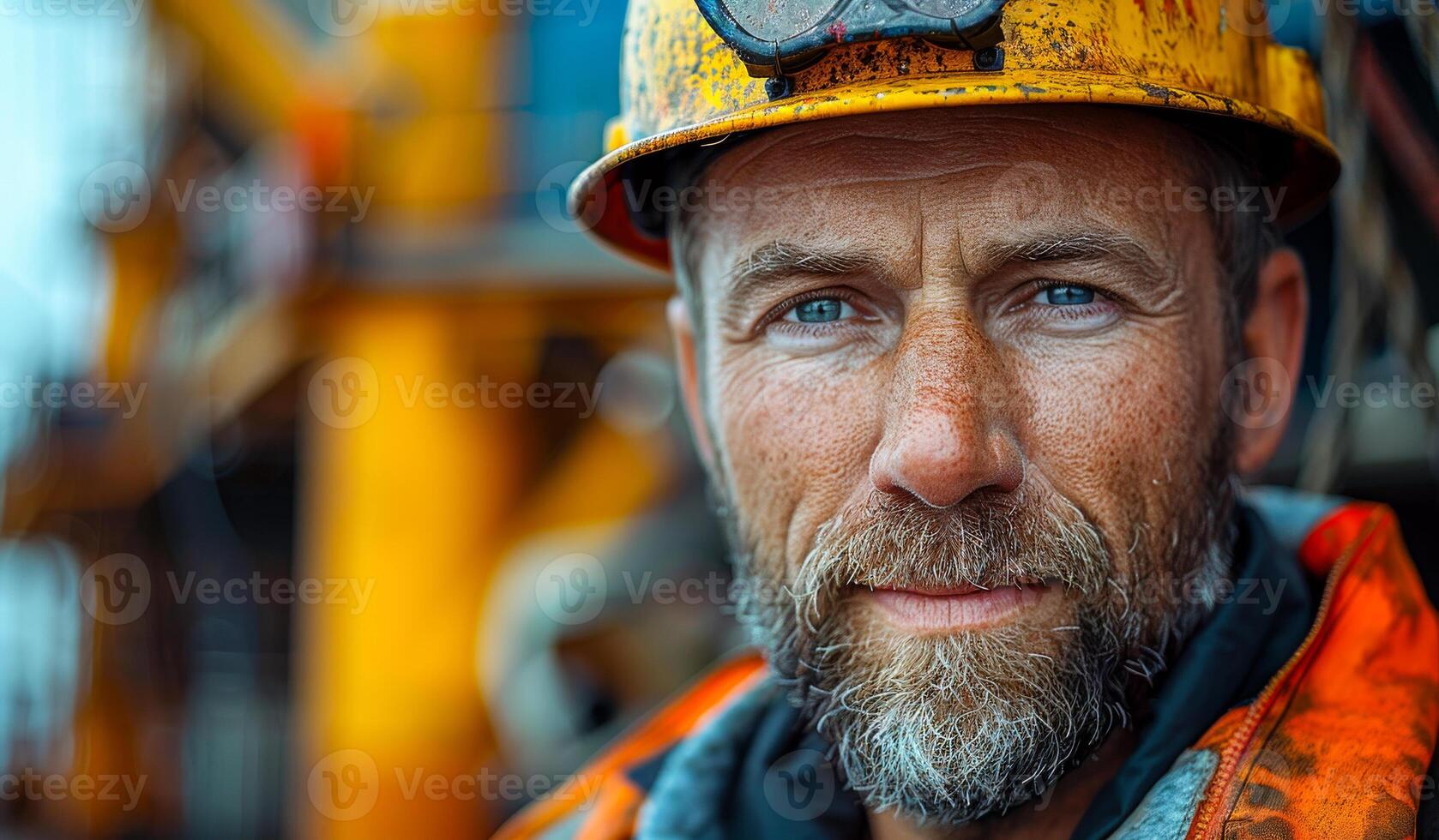 A man with a yellow helmet and orange jacket is smiling. He has a beard and a mustache photo