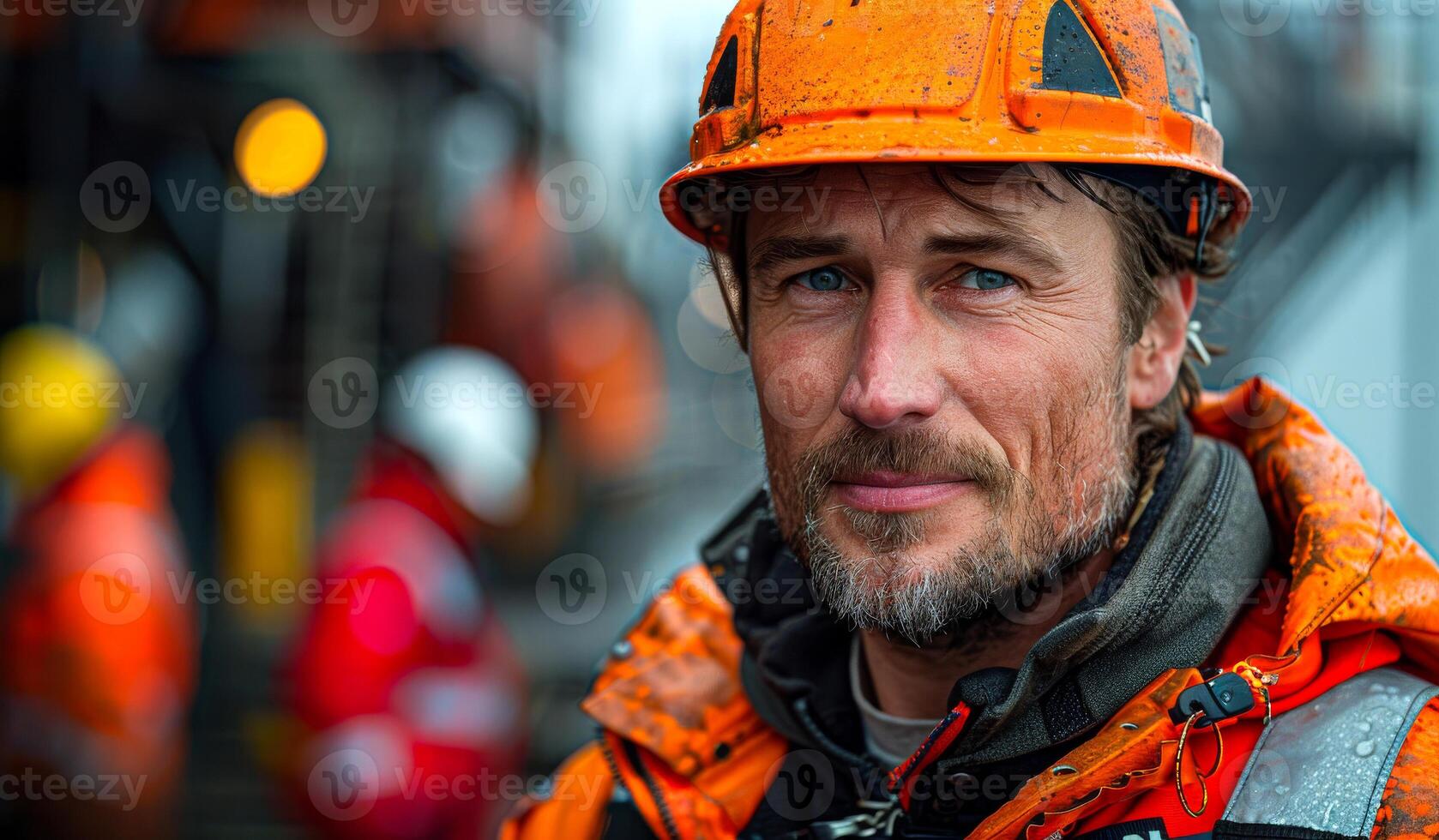 A man in an orange safety helmet and jacket is smiling for the camera. He is wearing a hard hat and safety gear, which suggests that he is working in a hazardous environment photo
