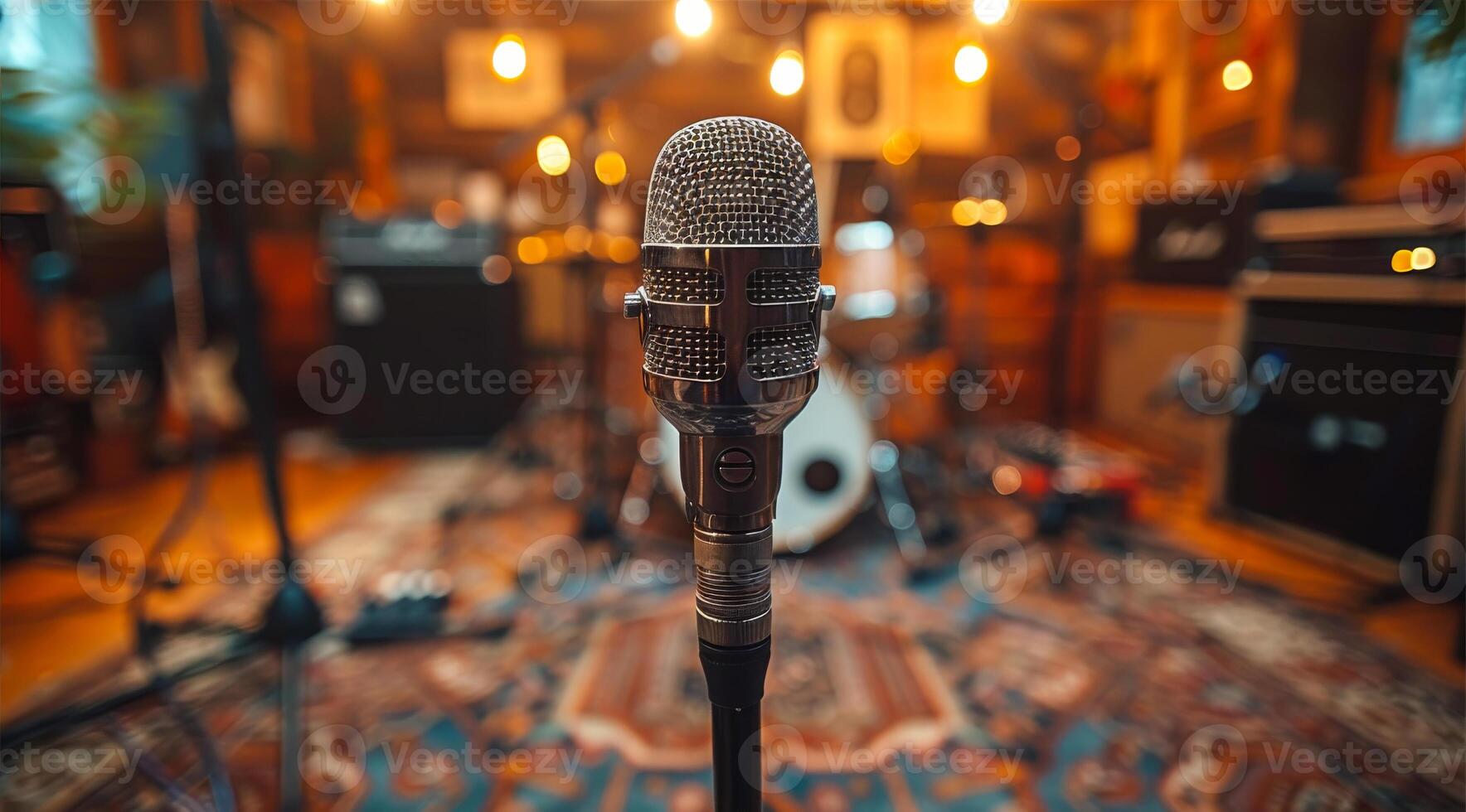 A microphone is in front of a drum set. The microphone is silver and has a black head photo