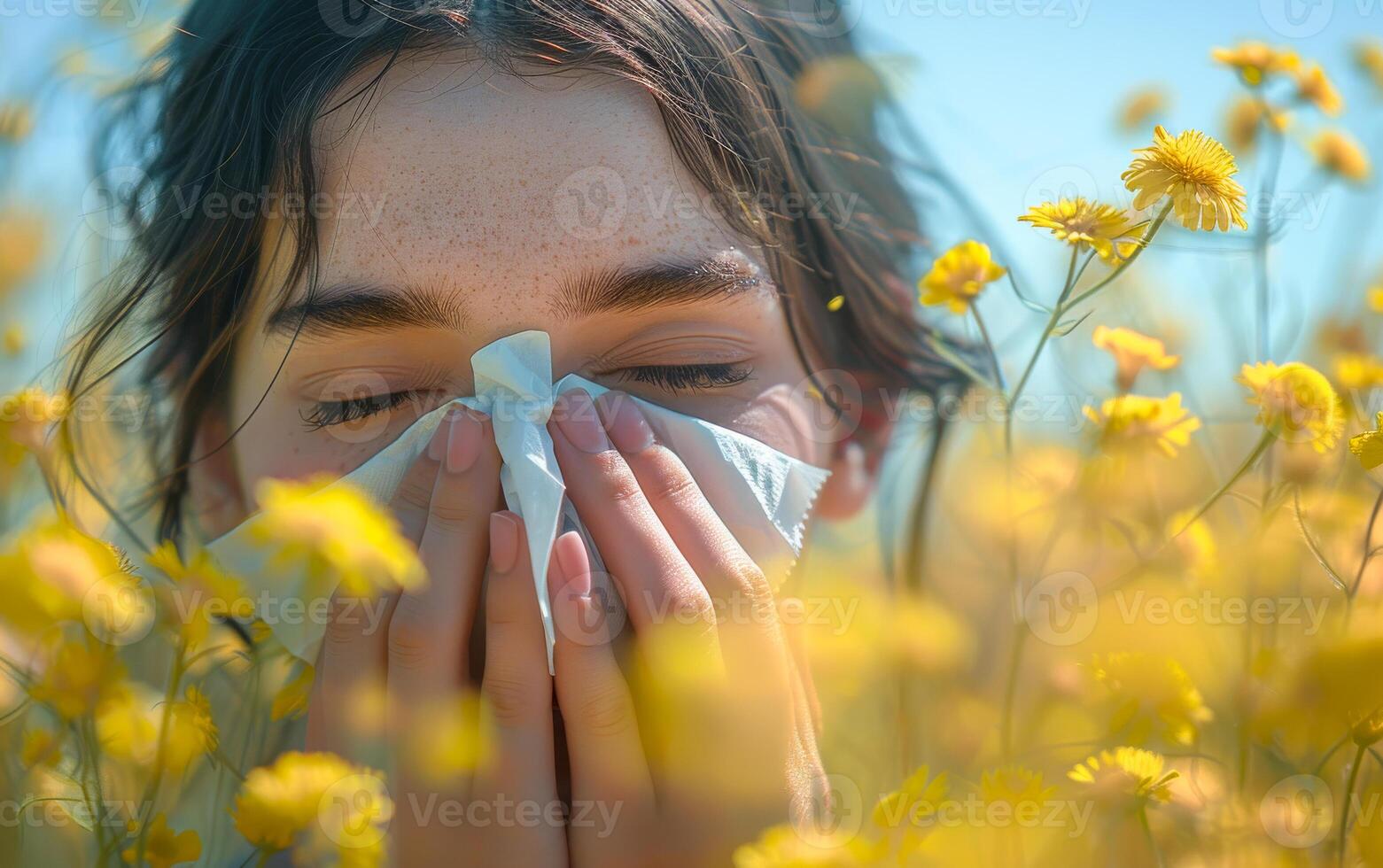 A woman is blowing her nose in a field of yellow flowers. The scene is peaceful and serene, with the woman's focus on her own discomfort photo