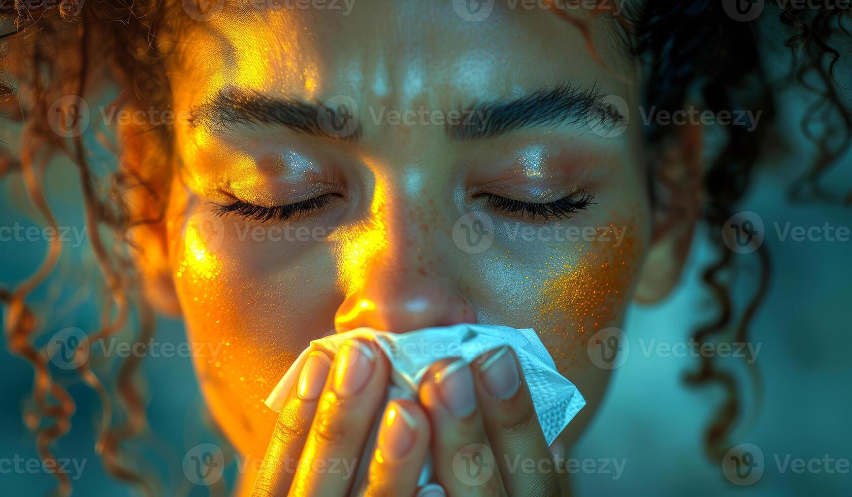 A woman with a tissue in her hand, her face is covered in glitter. The scene is bright and cheerful, with the glitter adding a touch of whimsy to the image photo