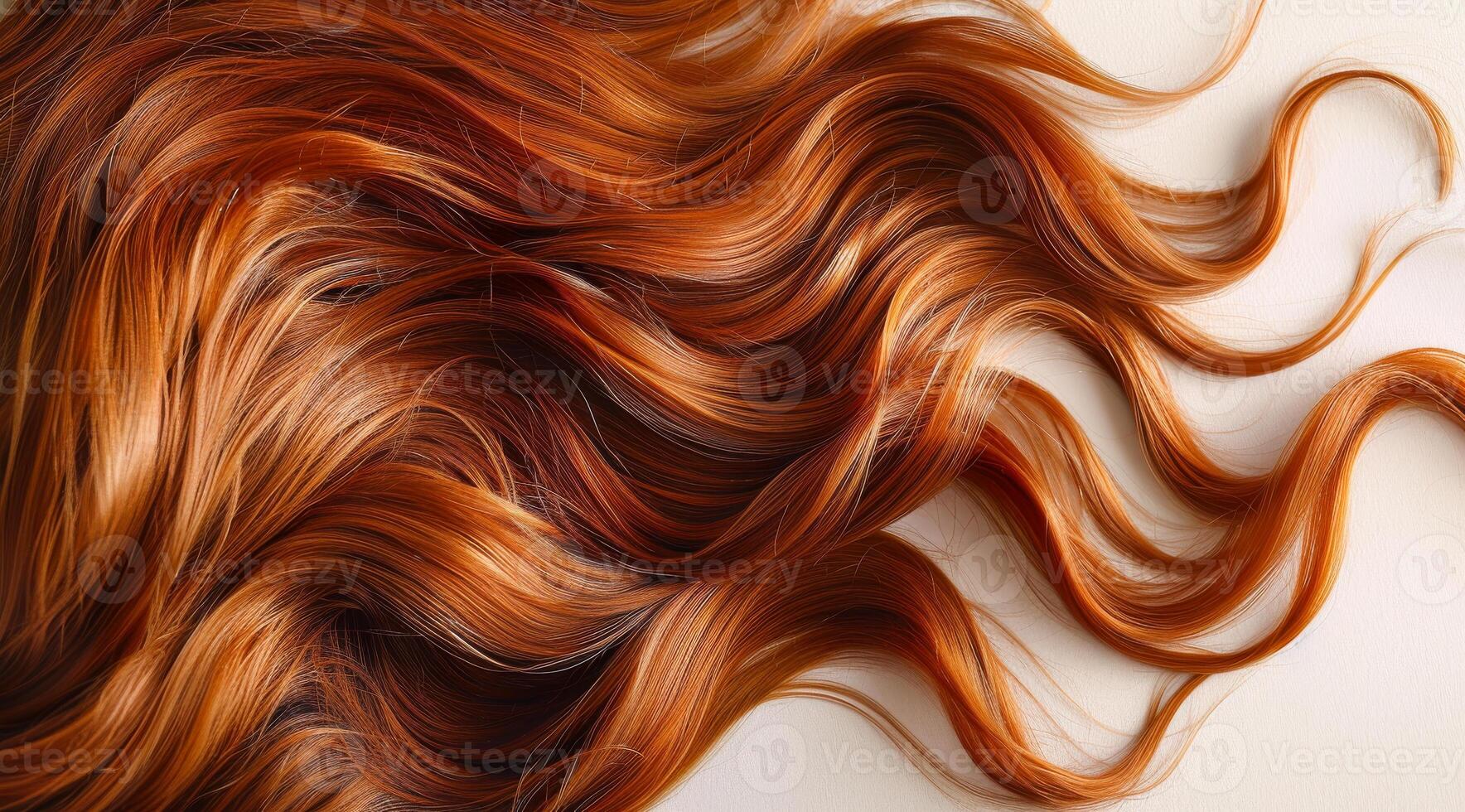 A woman's long red hair is shown in a close up. The hair is styled in a way that it is flowing and has a natural, wavy texture. Scene is one of beauty and elegance photo