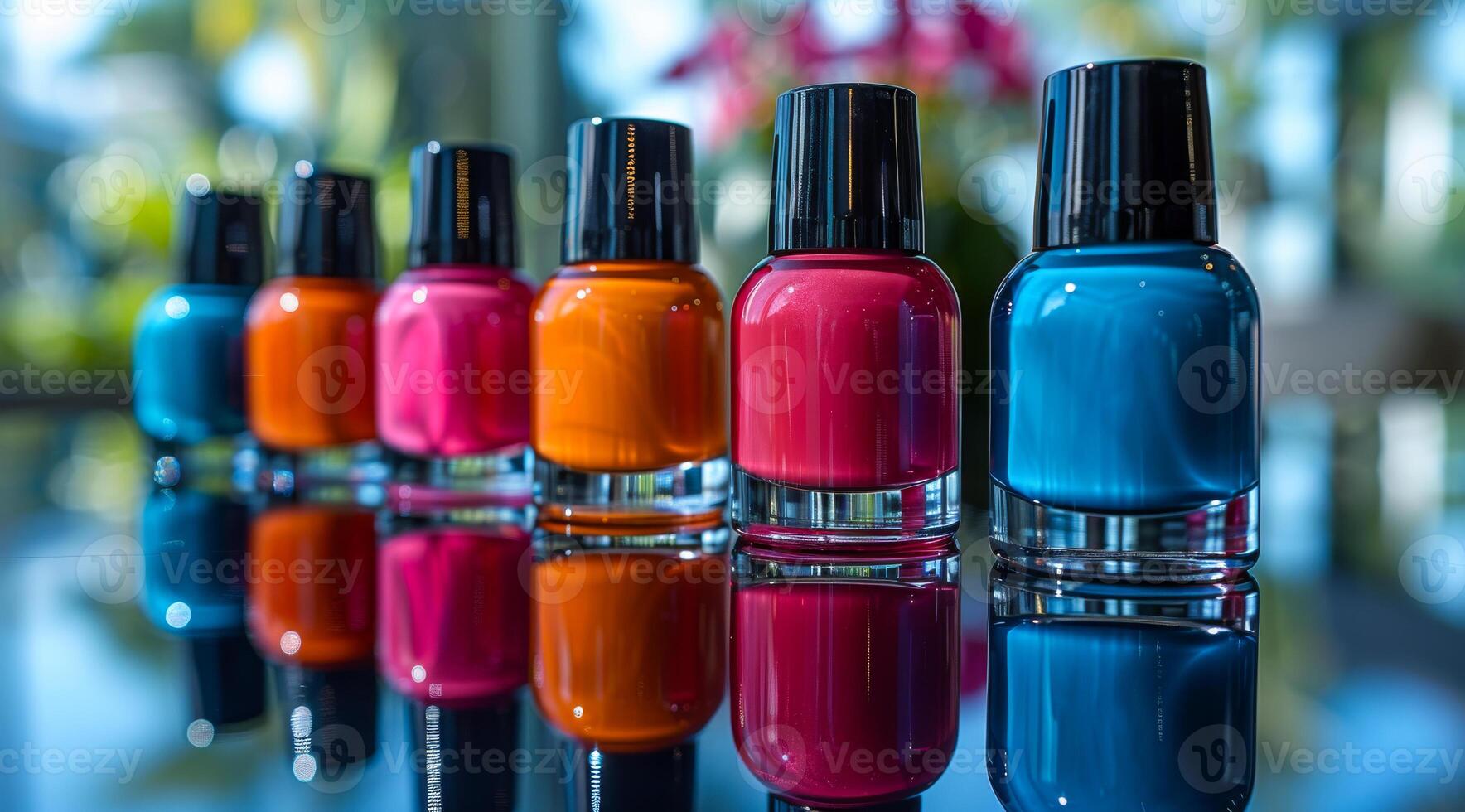 A row of colorful nail polish bottles are lined up on a table. The bottles are of different colors, including pink, blue, and orange. The bottles are arranged in a neat row, and they are all clear photo