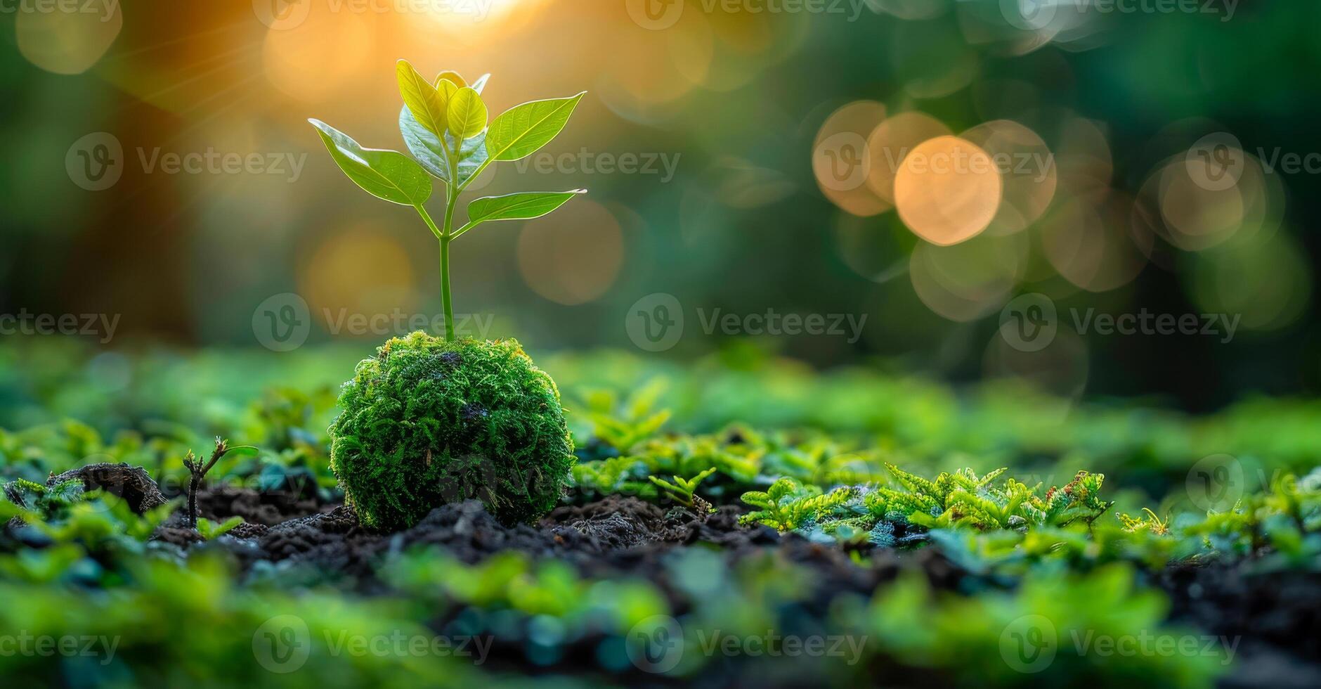 A small plant is growing in a patch of grass. Concept of growth and life, as the plant is thriving in its natural environment photo